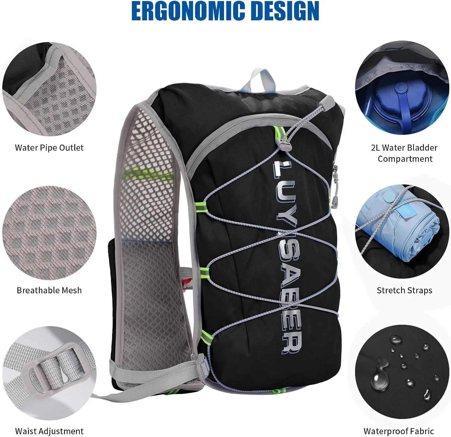 جلیقه دویدن با مخزن آب 2 لیتری، کوله پشتی فوق سبک چند جیبی، کیف جلیقه آبرسانی سبک برای دویدن ماراتن و دوچرخه سواری