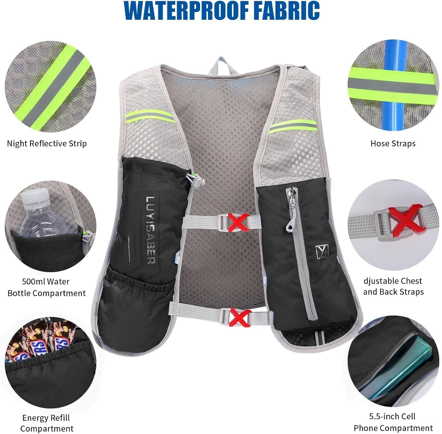 جلیقه دویدن با مخزن آب 2 لیتری، کوله پشتی فوق سبک چند جیبی، کیف جلیقه آبرسانی سبک برای دویدن ماراتن و دوچرخه سواری