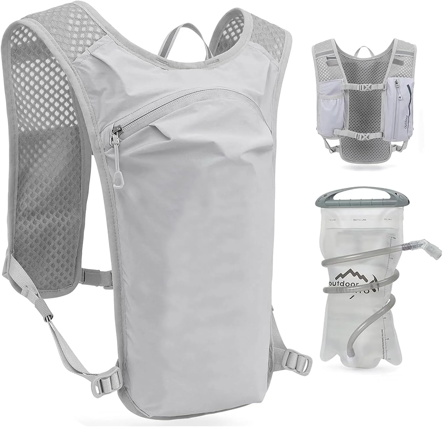 کوله پشتی جلیقه ای آبرسانی نیگانملوز با کیسه آب 1.5 لیتری، کوله پشتی سبک وزن عایق بندی شده برای پیاده روی، دویدن در مسیر، کوهنوردی، کمپینگ، دوچرخه سواری، مسابقه، ماراتن برای زنان و مردان، خاکستری