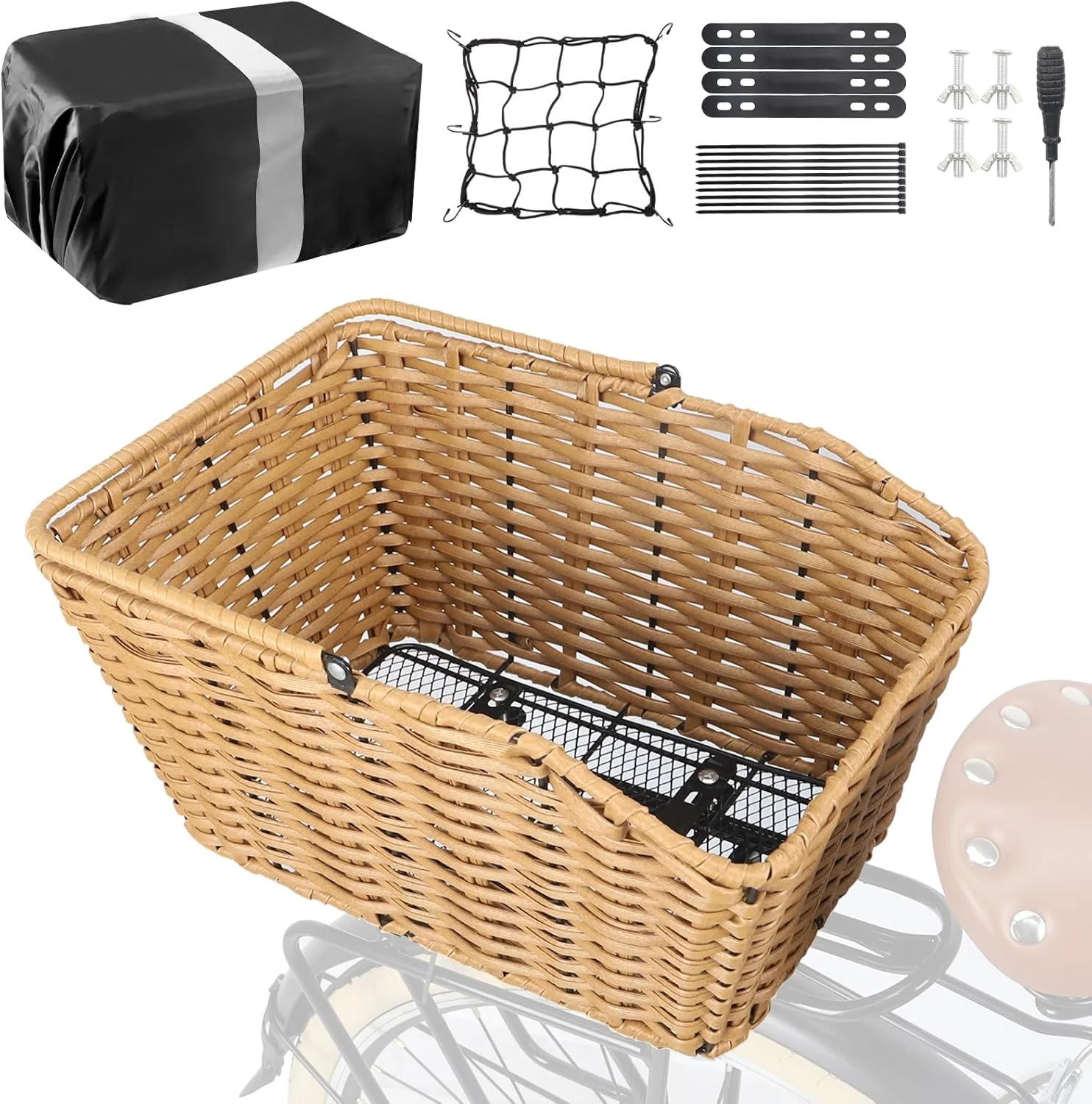 سبد دوچرخه MEGHNA، سبد بافتنی عقب دوچرخه، سبد جداشدنی باربند عقب دوچرخه، سبد ذخیره سازی دوچرخه برای باربند عقب اکثر انواع دوچرخه (چوبی - با کیف و توری محافظ)