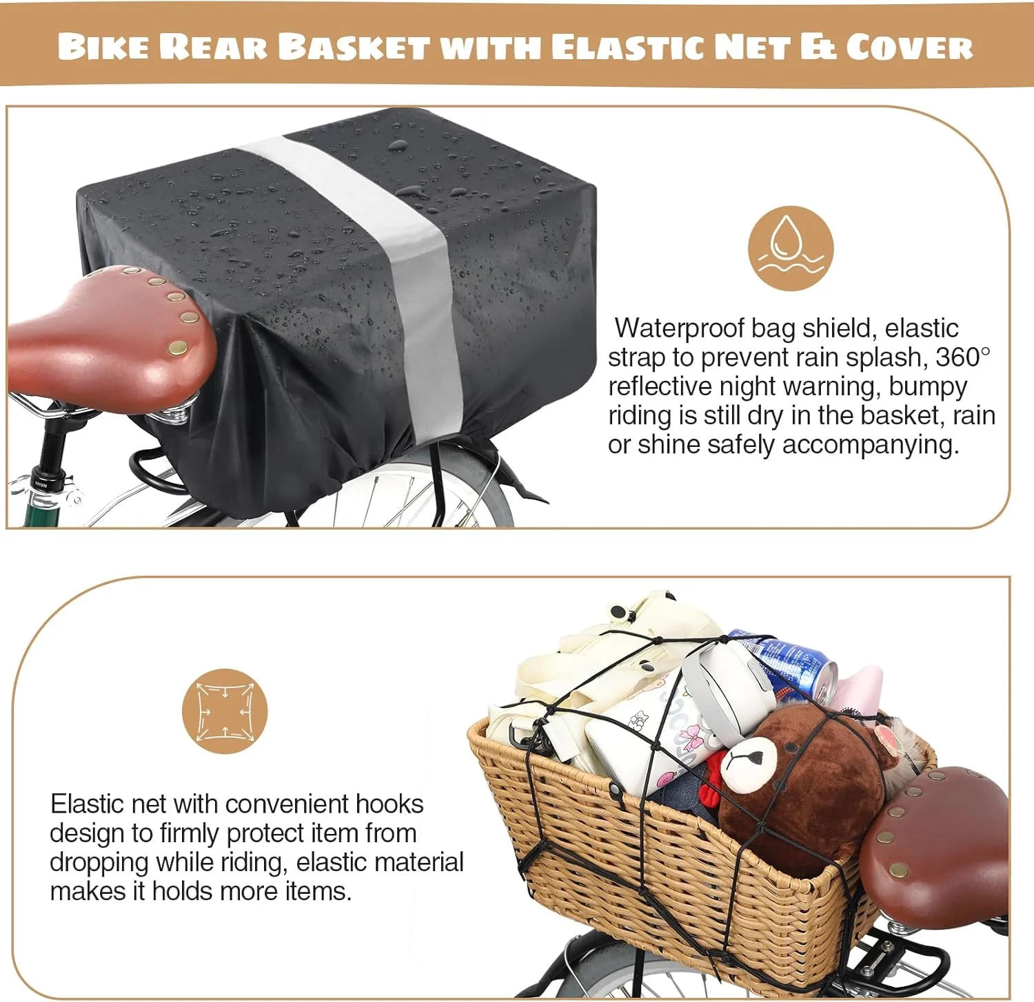 سبد دوچرخه MEGHNA، سبد بافتنی عقب دوچرخه، سبد جداشدنی باربند عقب دوچرخه، سبد ذخیره سازی دوچرخه برای باربند عقب اکثر انواع دوچرخه (چوبی - با کیف و توری محافظ)