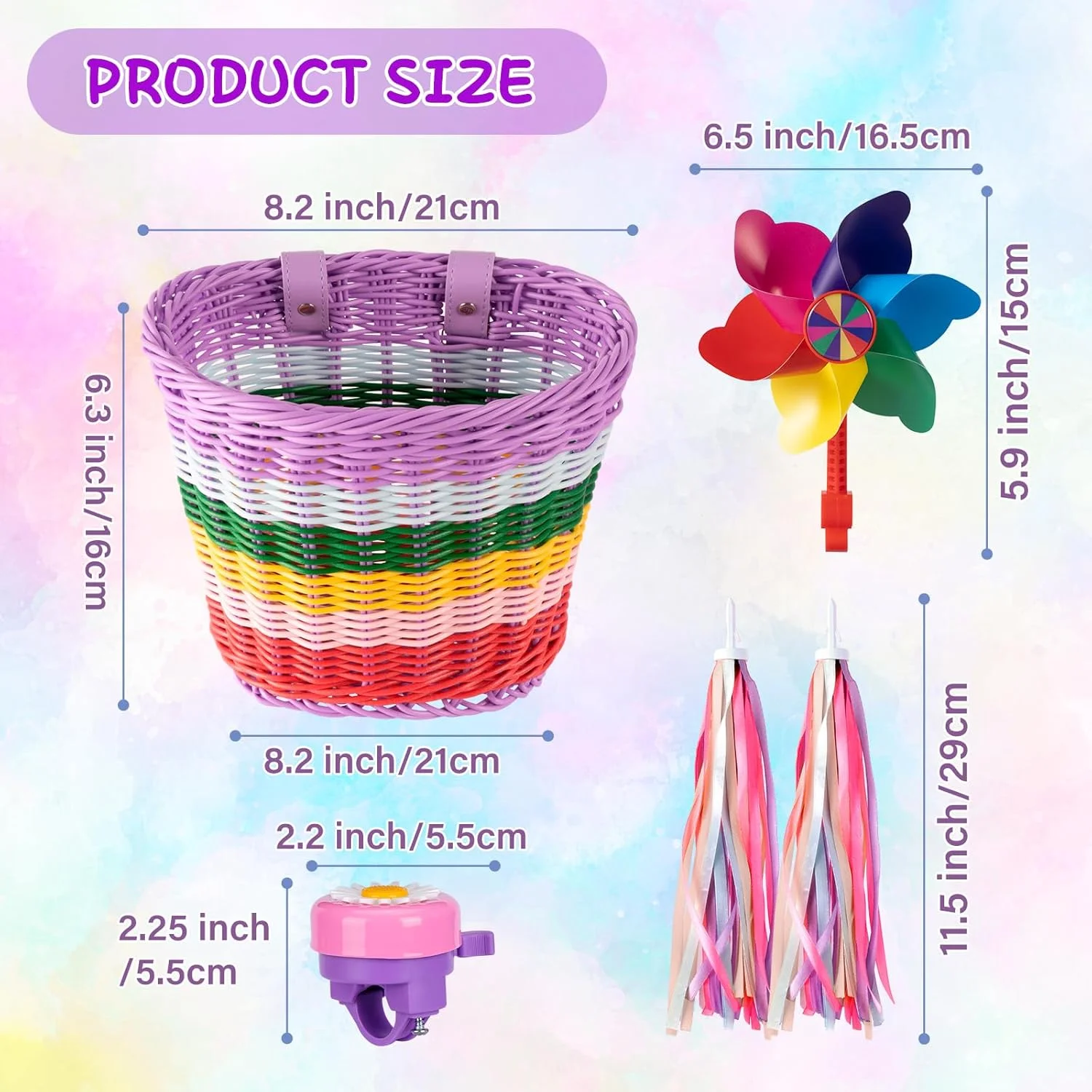 سبد دوچرخه بچه گانه، سبد جلویی دوچرخه، لوازم جانبی دوچرخه برای دختران و پسران، سبد بافته شده دوچرخه با برچسب، زنگ دوچرخه، آسیاب بادی و 1 جفت روبان های رنگارنگ