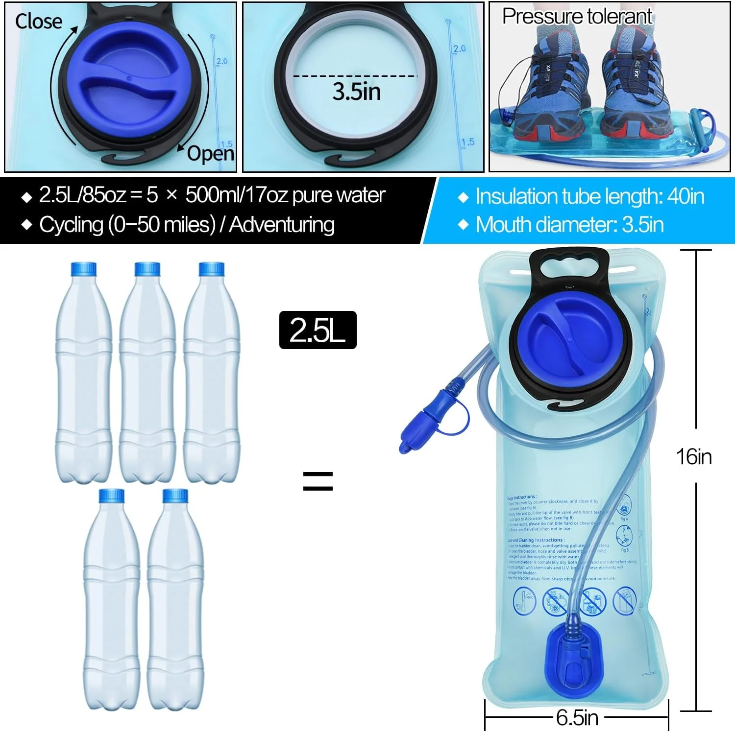 کیسه آب 1.5L/2L/2.5L/3L، کیسه ذخیره سازی آب با دهانه بزرگ، مناسب برای دوچرخه سواری، پیاده روی و کمپینگ