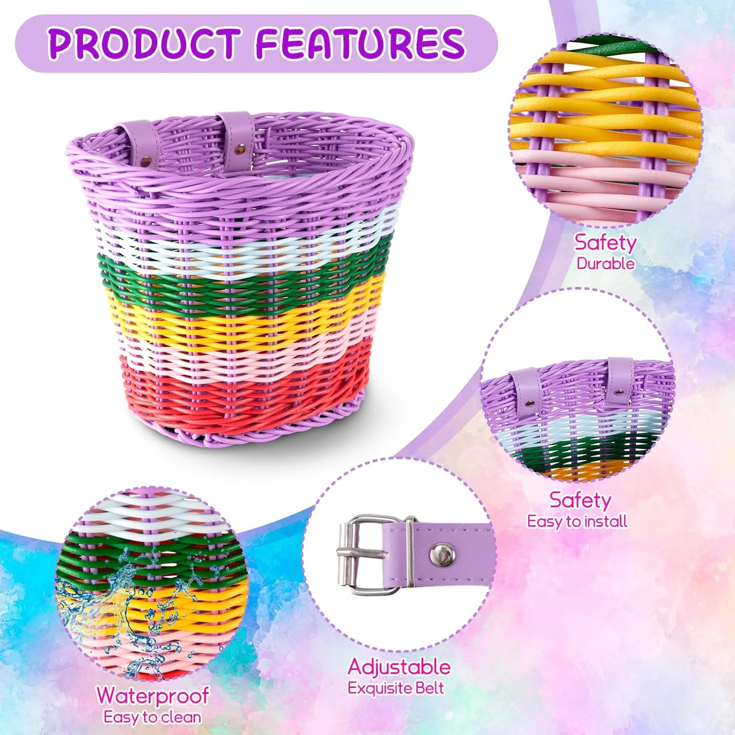 سبد دوچرخه بچه گانه، سبد جلویی دوچرخه، لوازم جانبی دوچرخه برای دختران و پسران، سبد بافته شده دوچرخه با برچسب، زنگ دوچرخه، آسیاب بادی و 1 جفت روبان های رنگارنگ