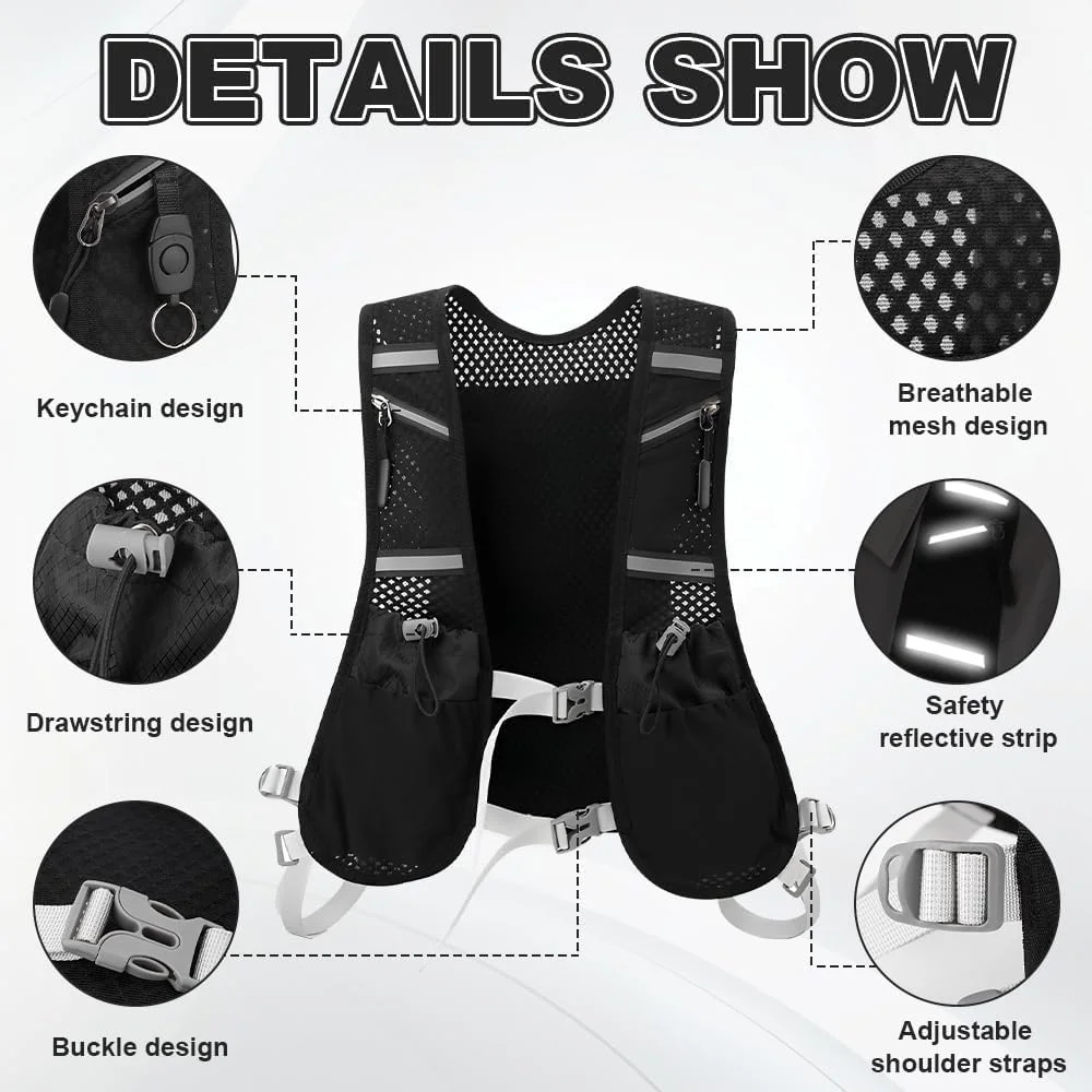 جلیقه دویدن مردانه و زنانه، جلیقه آبرسانی سبک وزن، نگهدارنده تلفن همراه، خشک شدن سریع، مقاوم در برابر آب، تنفس پذیر، کوله پشتی قابل تنظیم برای پیاده روی، دوچرخه سواری، مسیرها و ماراتن