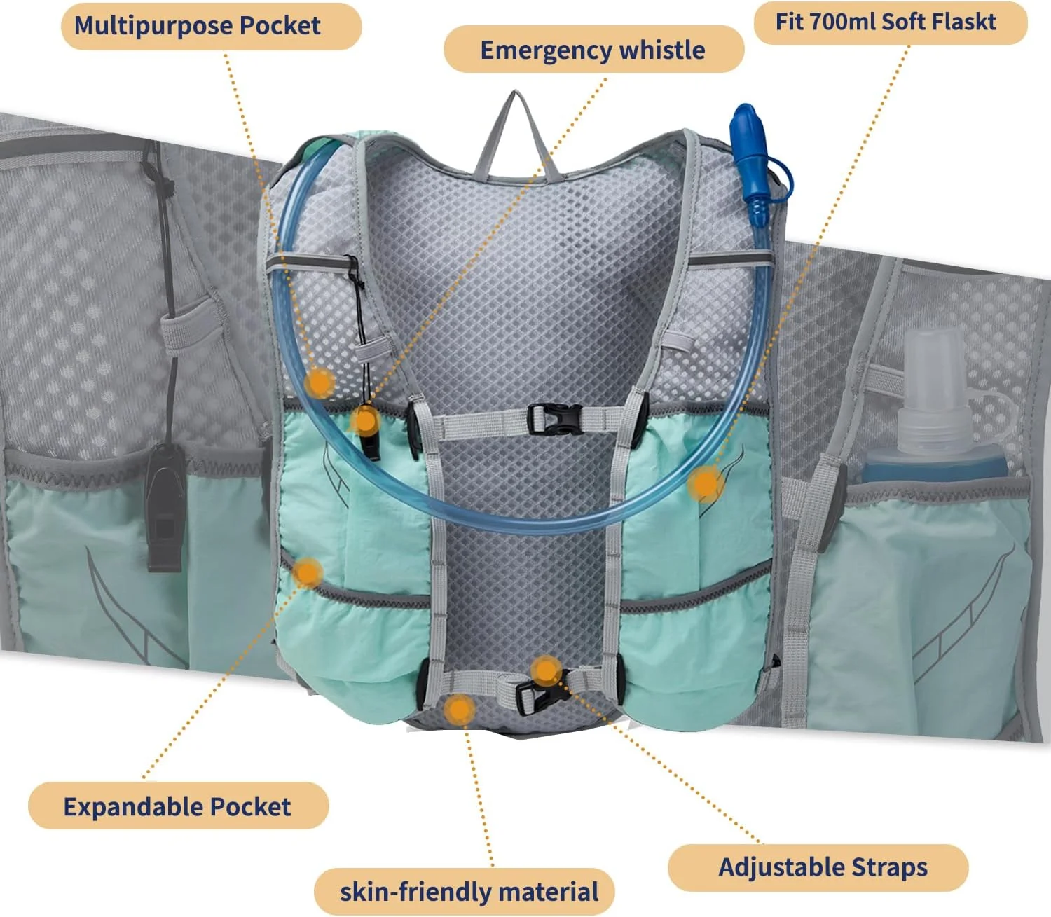 جلیقه دویدن سبک وزن برای زنان و مردان، کوله پشتی هیدراتاسیون با کیسه آب 1.5 لیتری، لوازم جانبی دویدن برای پیاده روی، دوچرخه سواری و ماراتن