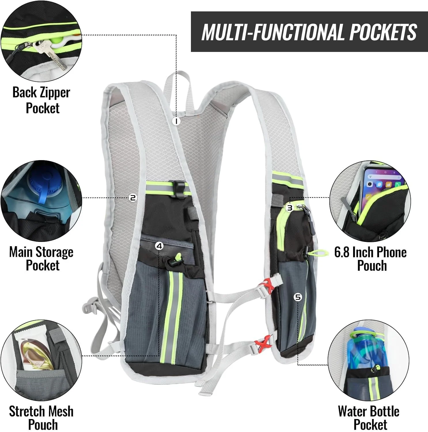 جلیقه آبرسانی مخصوص دویدن، کوله پشتی سبک وزن آبرسانی مخصوص دویدن، جلیقه آبرسانی بازتابنده با جیب های متعدد، کوله پشتی قابل تنظیم و تنفسی برای دویدن، دوچرخه سواری، کوهنوردی