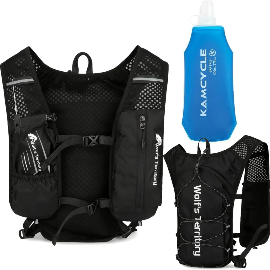 جلیقه دویدن، کوله پشتی آبرسانی شتر با بطری آب 500 میلی لیتری، نگهدارنده تلفن بازتابنده سبک وزن برای دوچرخه سواری و پیاده روی (همراه با فلاسک نرم 500 میلی لیتری)