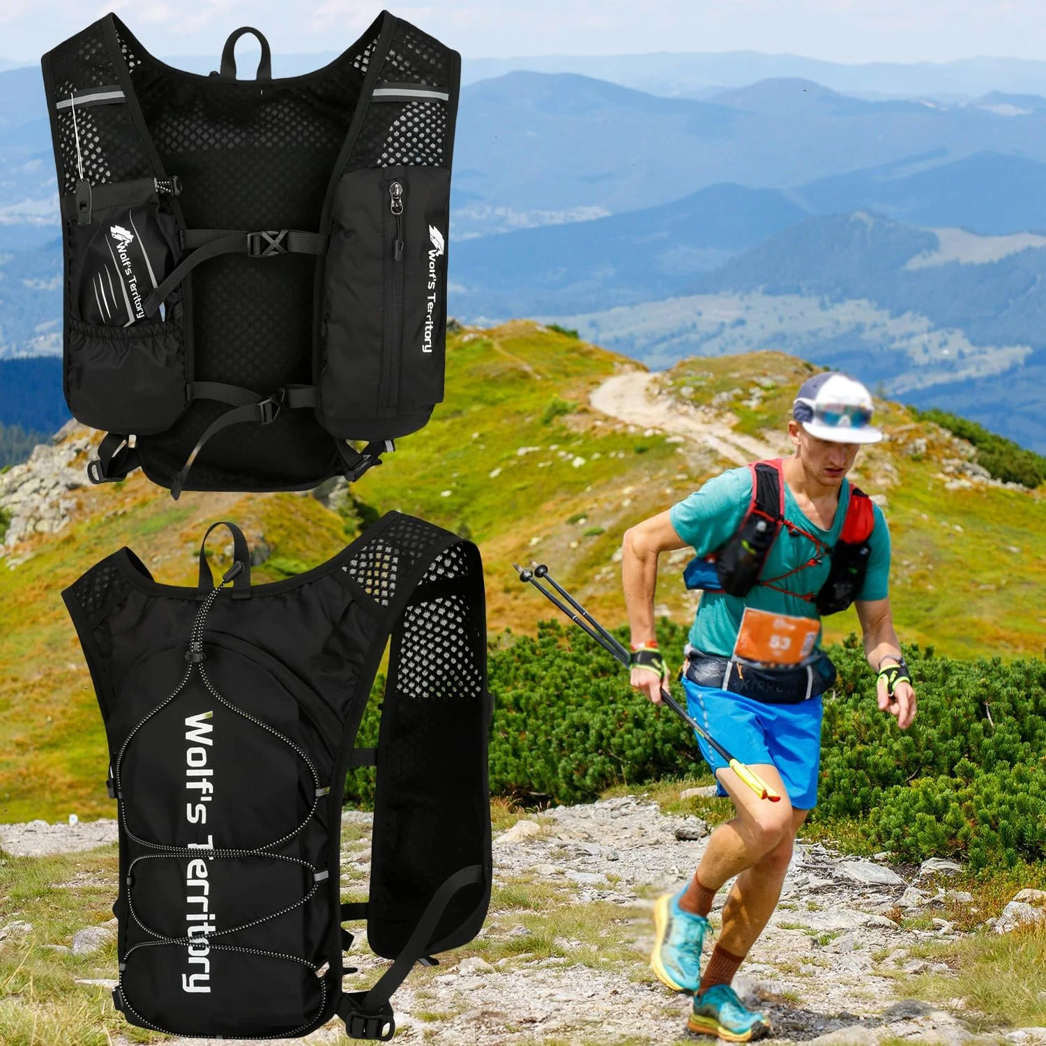 جلیقه دویدن، کوله پشتی آبرسانی شتر با بطری آب 500 میلی لیتری، نگهدارنده تلفن بازتابنده سبک وزن برای دوچرخه سواری و پیاده روی (همراه با فلاسک نرم 500 میلی لیتری)