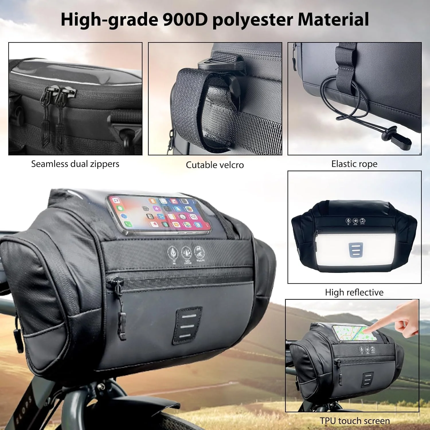 سبد چند منظوره دوچرخه KASTWAVE، کیف ضد آب فرمان با ظرفیت 4.8 لیتر، جزئیات بازتابنده و صفحه لمسی، شامل بند شانه ای همه کاره برای دوچرخه سواری کوهستانی و مسافرت