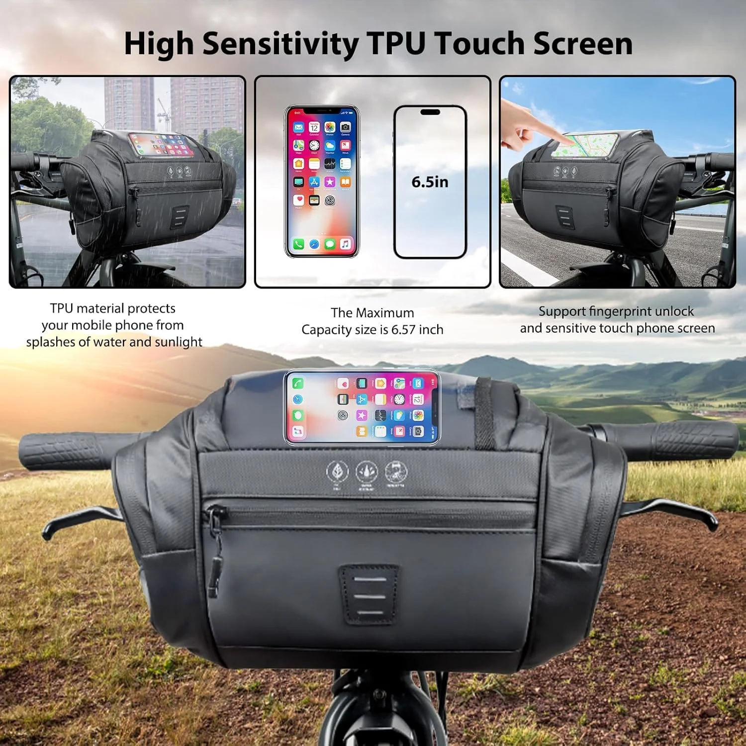 سبد چند منظوره دوچرخه KASTWAVE، کیف ضد آب فرمان با ظرفیت 4.8 لیتر، جزئیات بازتابنده و صفحه لمسی، شامل بند شانه ای همه کاره برای دوچرخه سواری کوهستانی و مسافرت