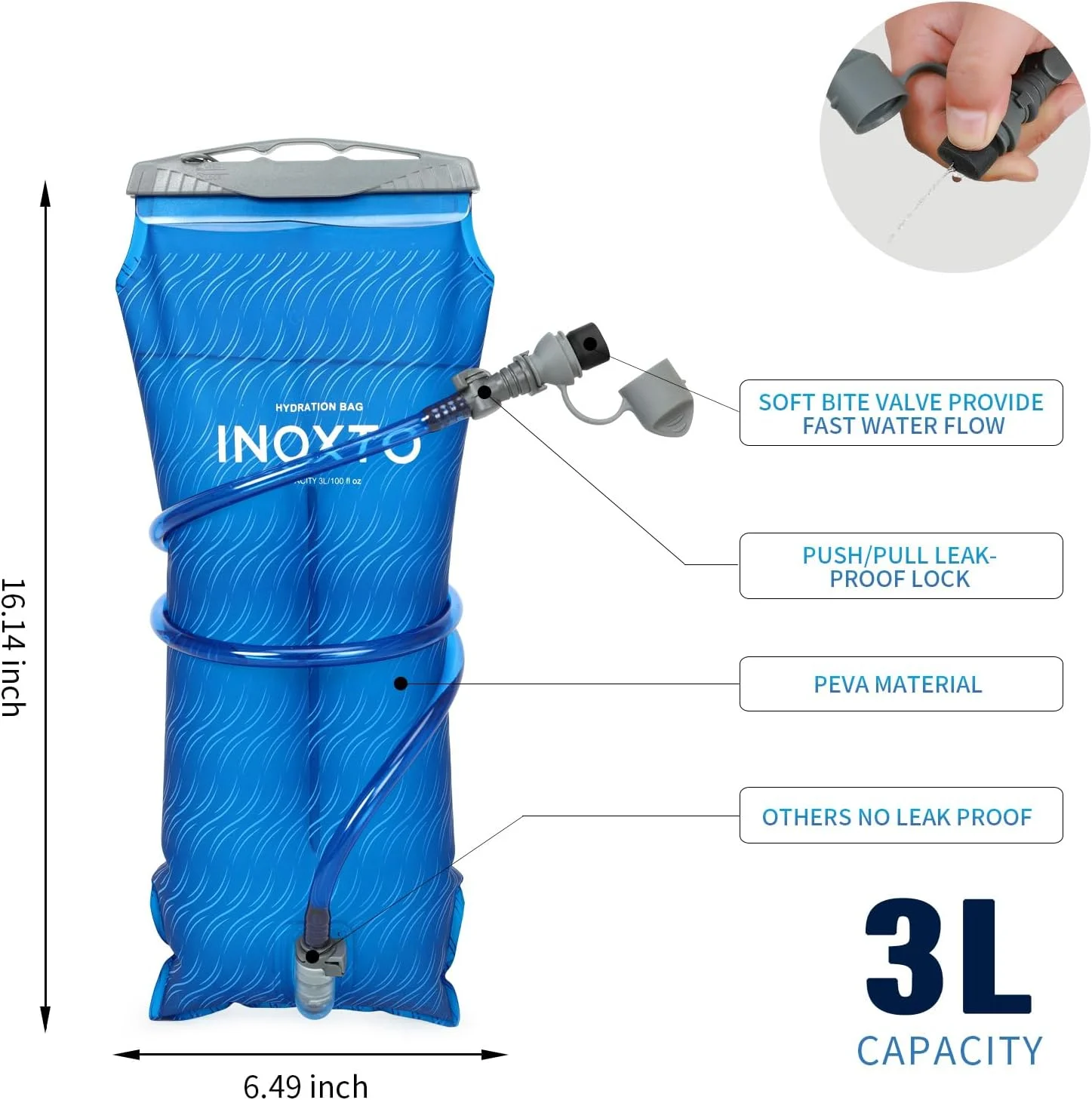 کیسه آب INOXTO با ظرفیت 1.5/2 لیتر، دارای شلنگ عایق و شیر یک طرفه با جریان بالا، ضد نشت، مناسب برای کوله پشتی های کوهنوردی، کمپینگ، دوچرخه سواری و دویدن