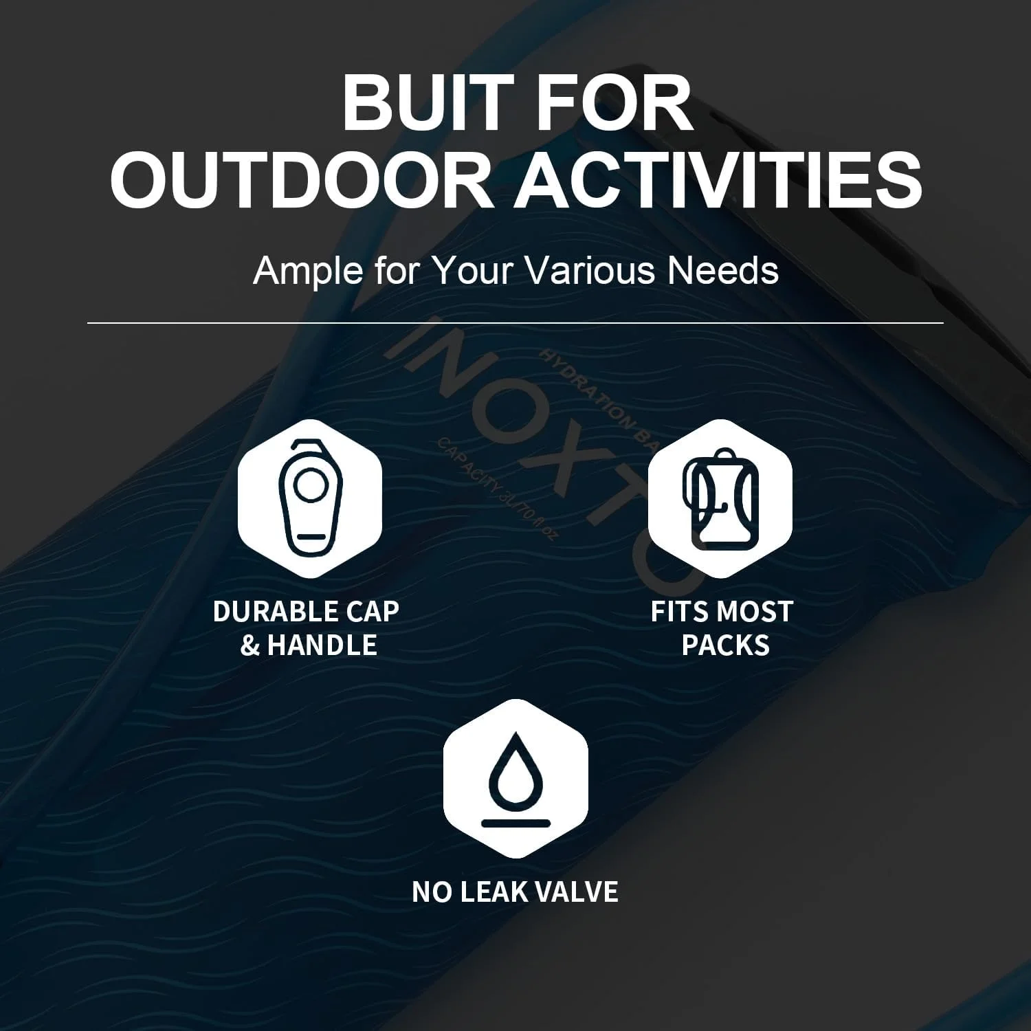 کیسه آب INOXTO با ظرفیت 1.5/2 لیتر، دارای شلنگ عایق و شیر یک طرفه با جریان بالا، ضد نشت، مناسب برای کوله پشتی های کوهنوردی، کمپینگ، دوچرخه سواری و دویدن