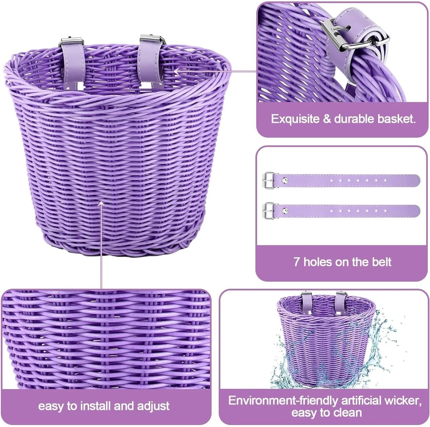 سبد دوچرخه بچه گانه به همراه زنگ، روبان و استیکر، بنفش، 21x16 سانتی متر