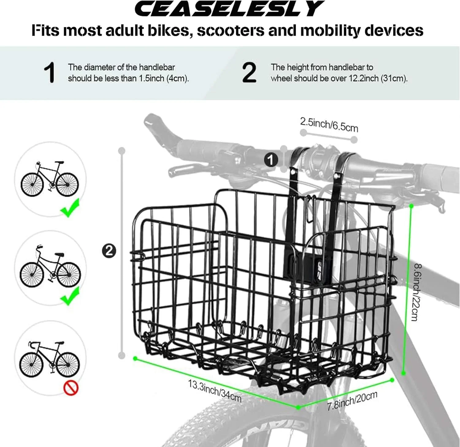 سبد تاشو دوچرخه، سبد دوچرخه جداشدنی و ضد آب و زنگ با دسته، سبد بار برای دوچرخه، سبد فلزی دوچرخه برای لوازم جانبی دوچرخه کوهستانی، نصب آسان روی فرمان جلو