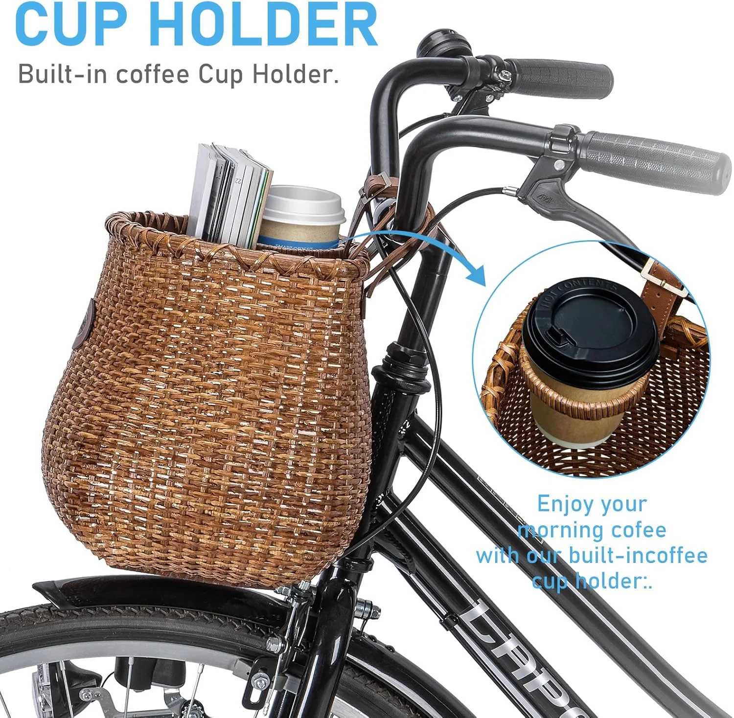 سبد دوچرخه CXWXC - سبد های حصیری دست ساز برای دوچرخه دخترانه و زنانه - سبد جلویی دوچرخه با جای فنجان قهوه برای دوچرخه های ساحلی، اسکوتر و دوچرخه های برقی