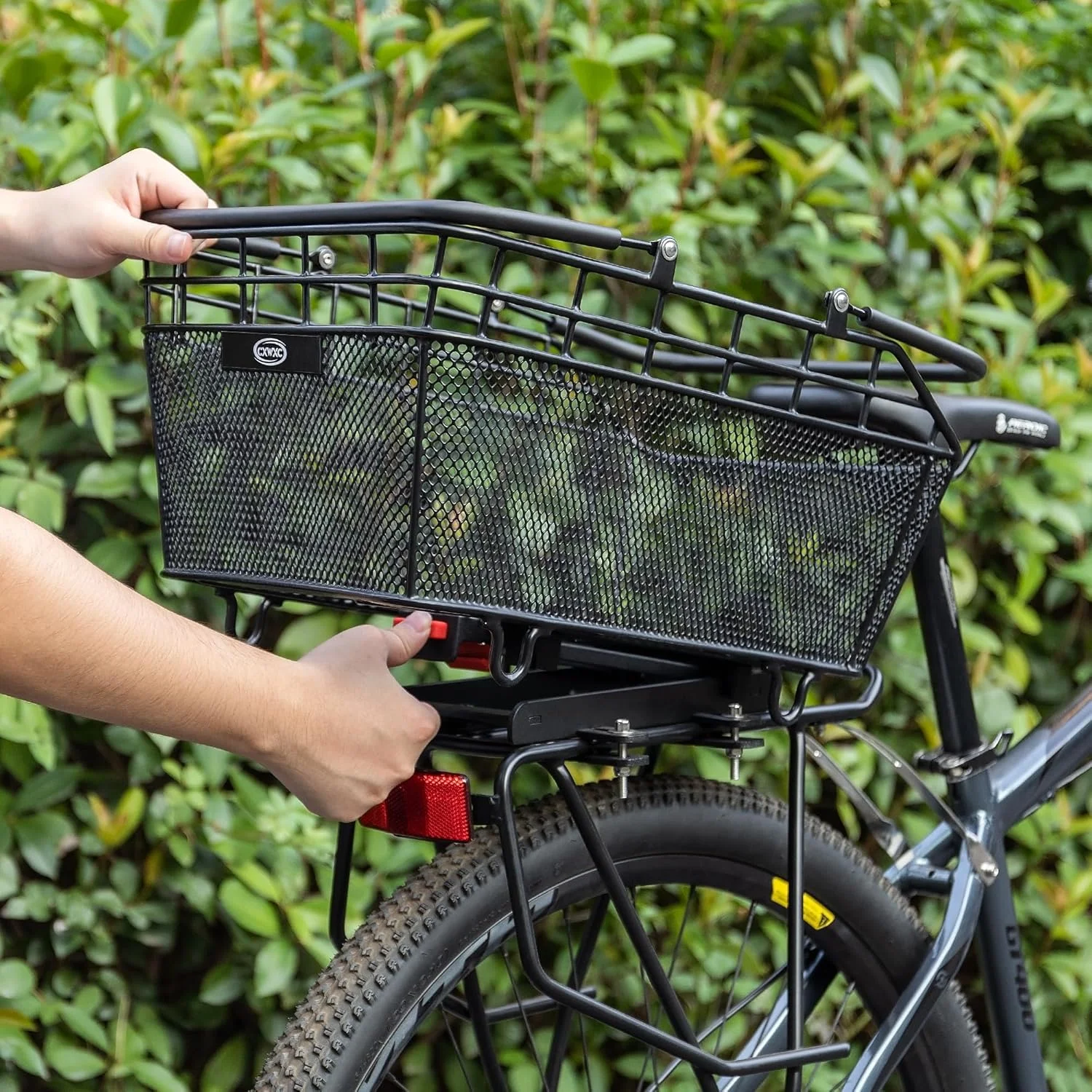 سبد عقب دوچرخه CXWXC با دسته - سبد عقب دوچرخه با رهاسازی سریع به همراه توری بار و روکش ضد آب، سبد سیمی دوچرخه عقب با ظرفیت بزرگ