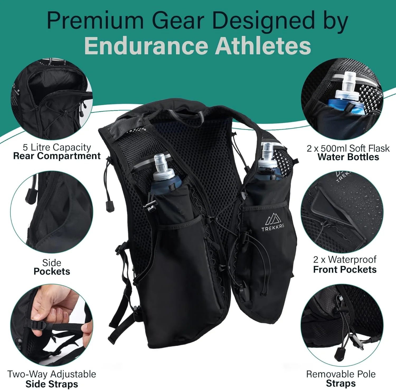 جلیقه دویدن با بطری آب، ظرفیت 5 لیتر، جیب های ضد آب جلو برای تلفن هوشمند، جلیقه آبرسانی دویدن، بندهای قابل تنظیم و نگهدارنده باتوم کوهنوردی