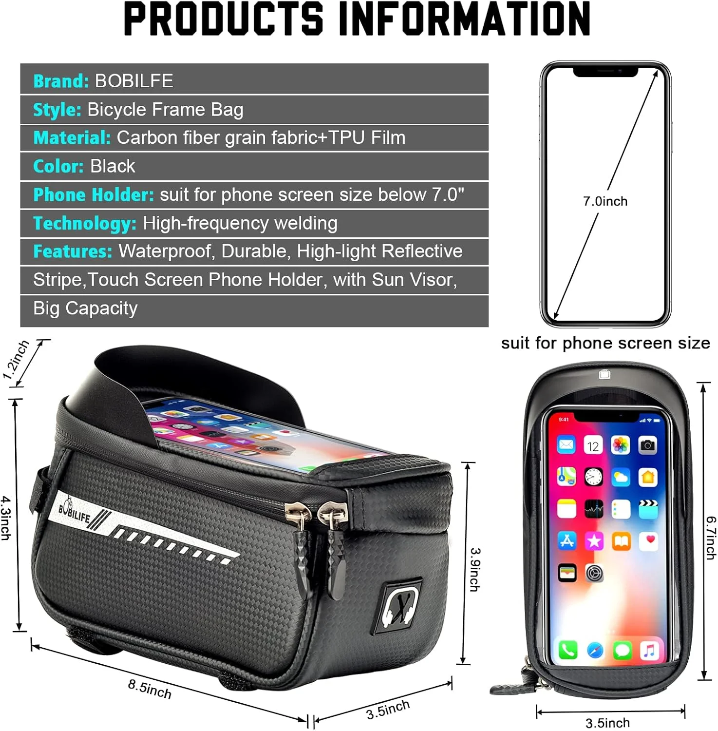 کیف نگهدارنده گوشی موبایل روی تنه جلویی دوچرخه - کیف ضدآب نصب شده روی لوله بالایی دوچرخه سازگار با گوشی های آیفون و گلکسی زیر 7 اینچ