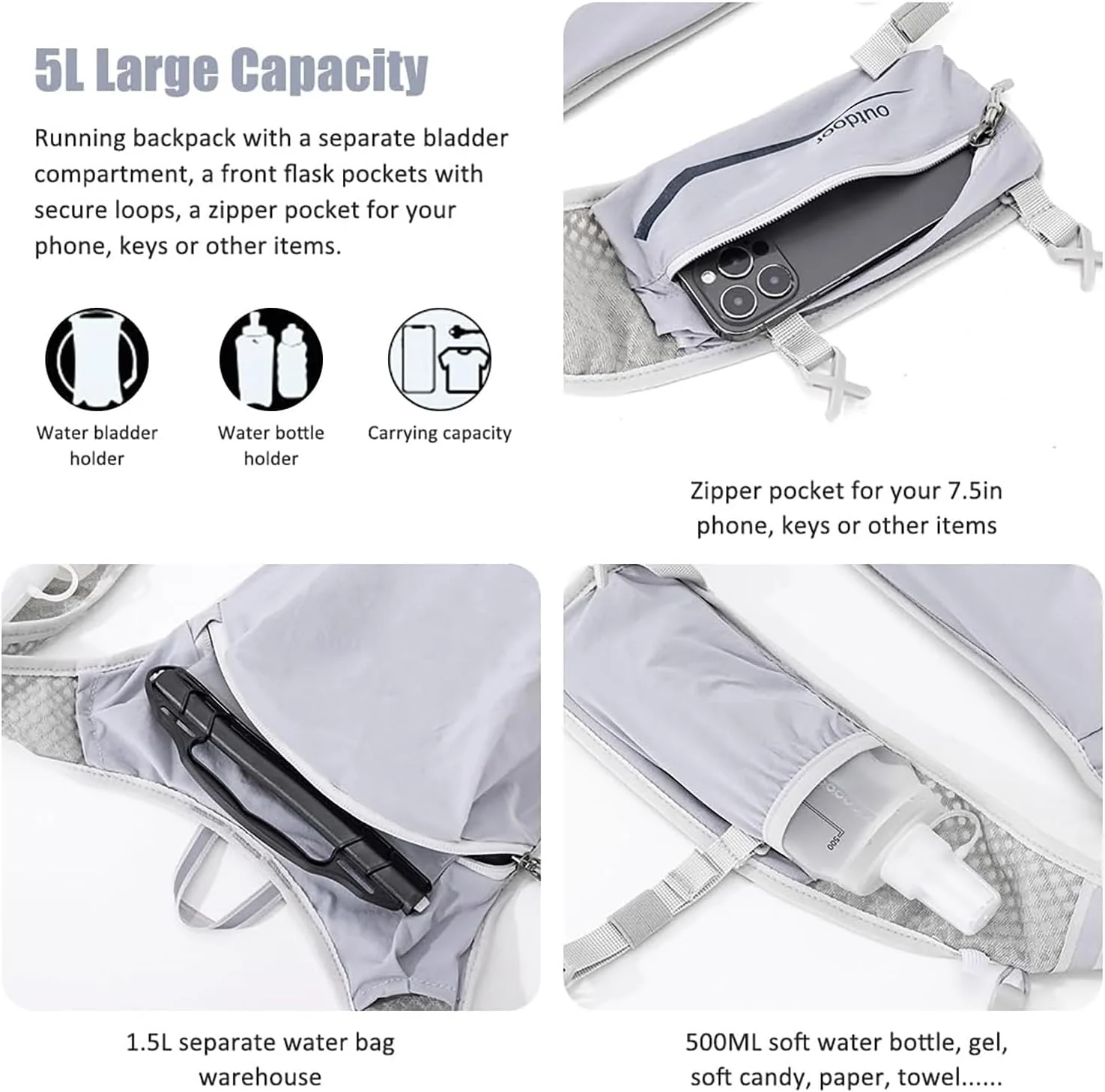 کوله پشتی جلیقه آبرسانی مخصوص دویدن، کوله پشتی سبک وزن عایق دار با کیسه آب 1.5 لیتری مناسب برای پیاده روی، دویدن در مسیر، دوچرخه سواری، مسابقه و ماراتن برای زنان و مردان