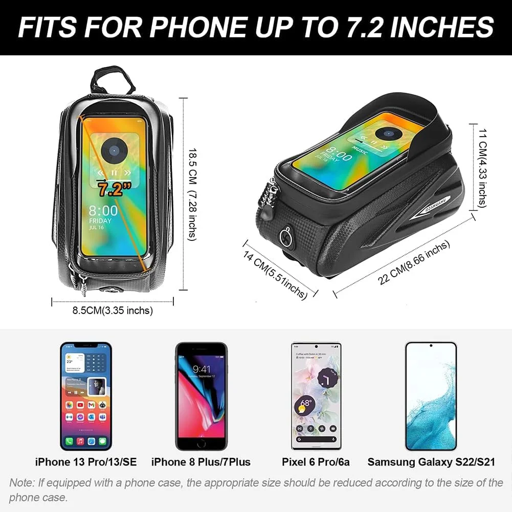 کیف تنه دوچرخه با جای موبایل ضدآب، کیف لوله بالایی دوچرخه، لوازم جانبی دوچرخه، کیف جلویی دوچرخه با صفحه لمسی مناسب برای گوشی های زیر 7.2 اینچ