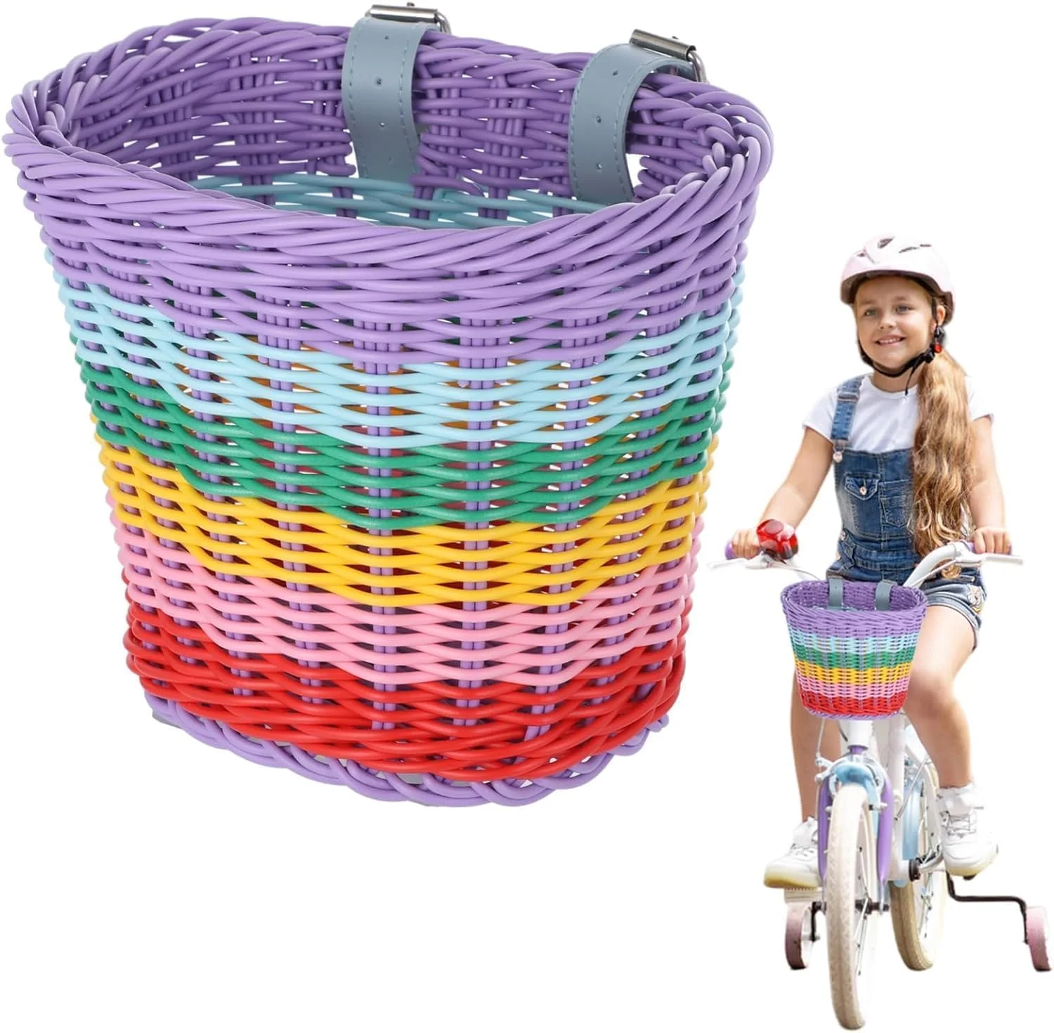 سبد جلوی دوچرخه کودک، سبد آویز دوچرخه با کمربندهای PU قابل تنظیم، سبد دوچرخه حصیری بافته شده با دست ممتاز و مقاوم در برابر آب و هوا برای لوازم جانبی دوچرخه پسرانه و دخترانه