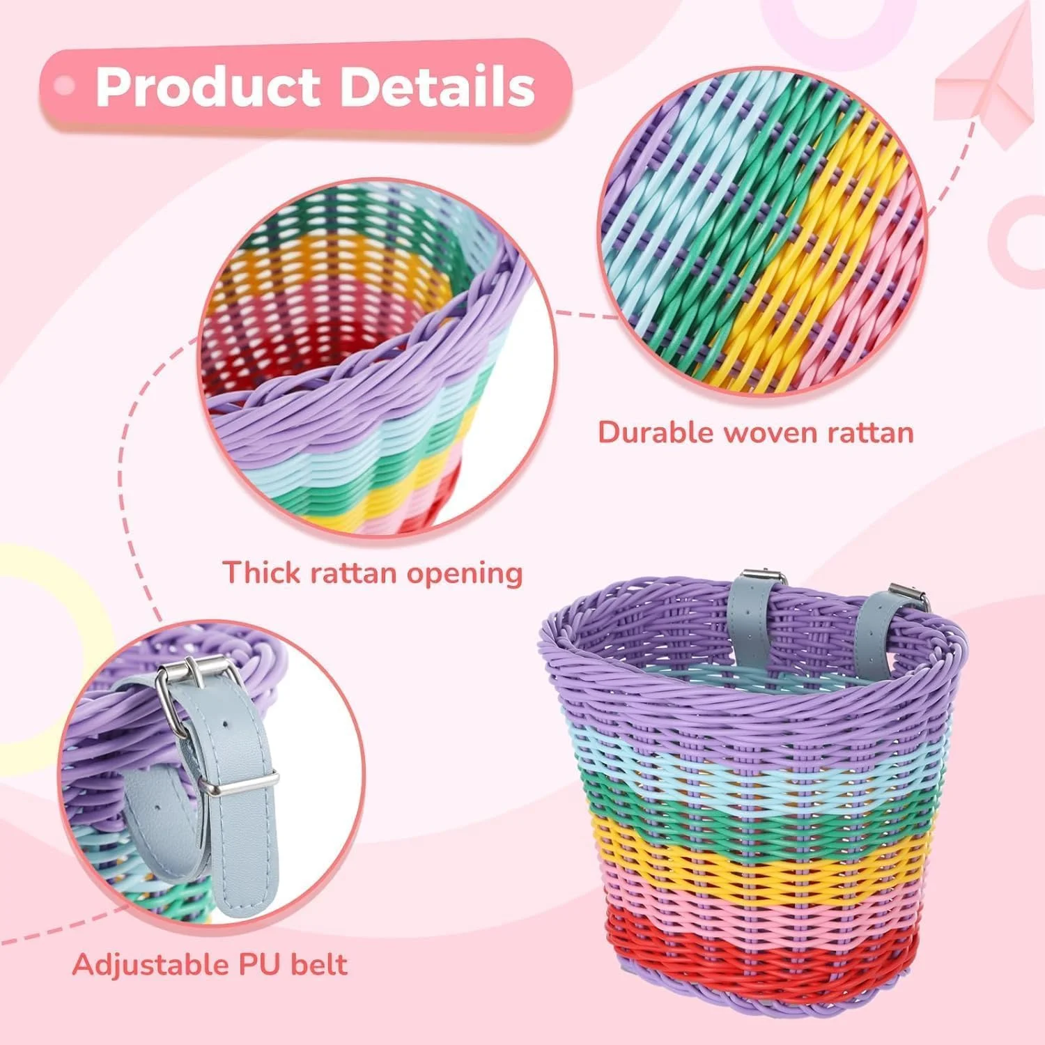 سبد جلوی دوچرخه کودک، سبد آویز دوچرخه با کمربندهای PU قابل تنظیم، سبد دوچرخه حصیری بافته شده با دست ممتاز و مقاوم در برابر آب و هوا برای لوازم جانبی دوچرخه پسرانه و دخترانه