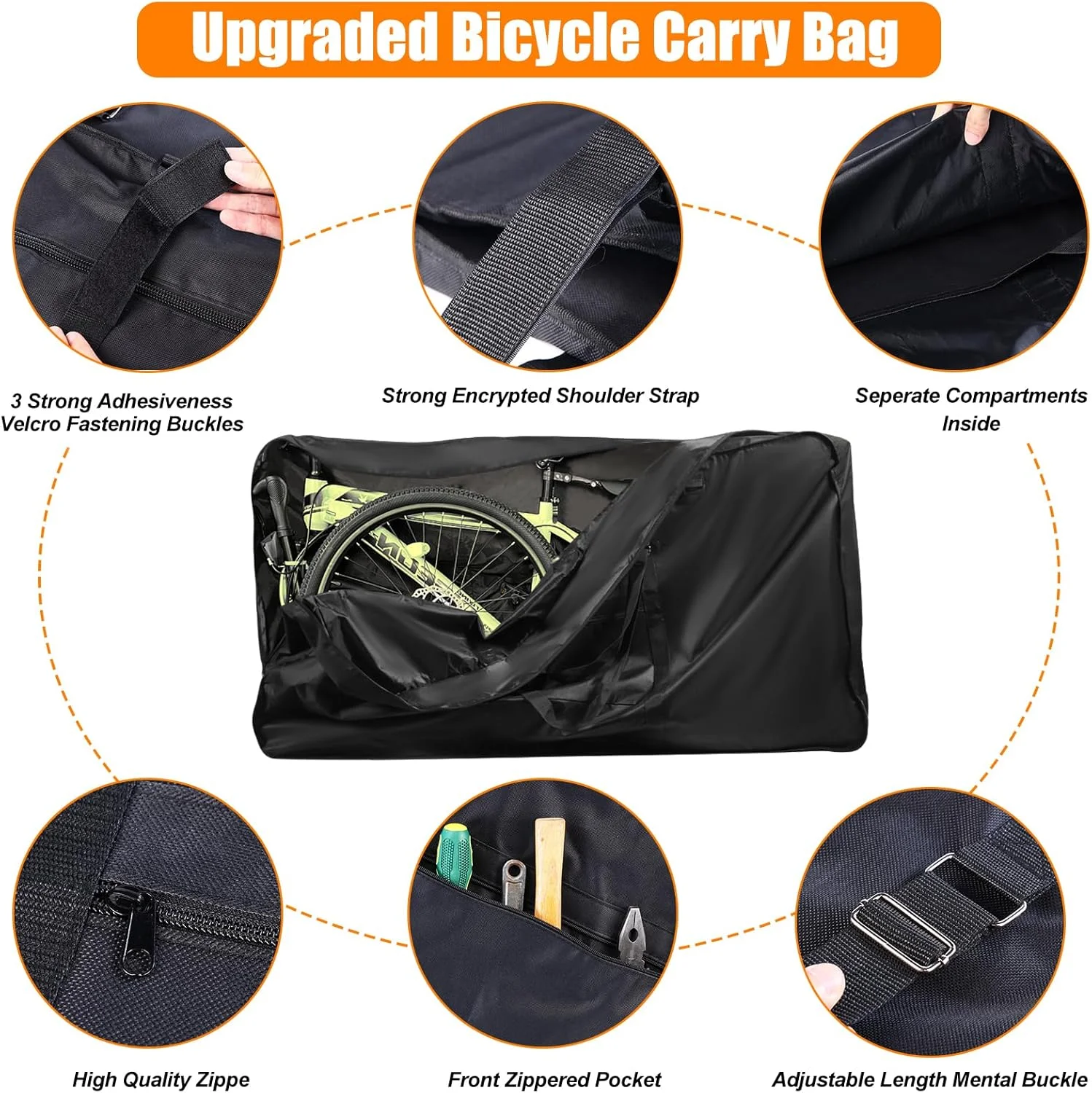 کیف حمل دوچرخه، کیف حمل دوچرخه کوهستان 900D ارتقا یافته با 3 سگک ثابت، نوار محکم و محفظه های جداگانه در داخل، کیف بزرگ MTB برای دوچرخه کوهستانی 26-29 اینچ، 140x27.5x79.5 سانتی متر