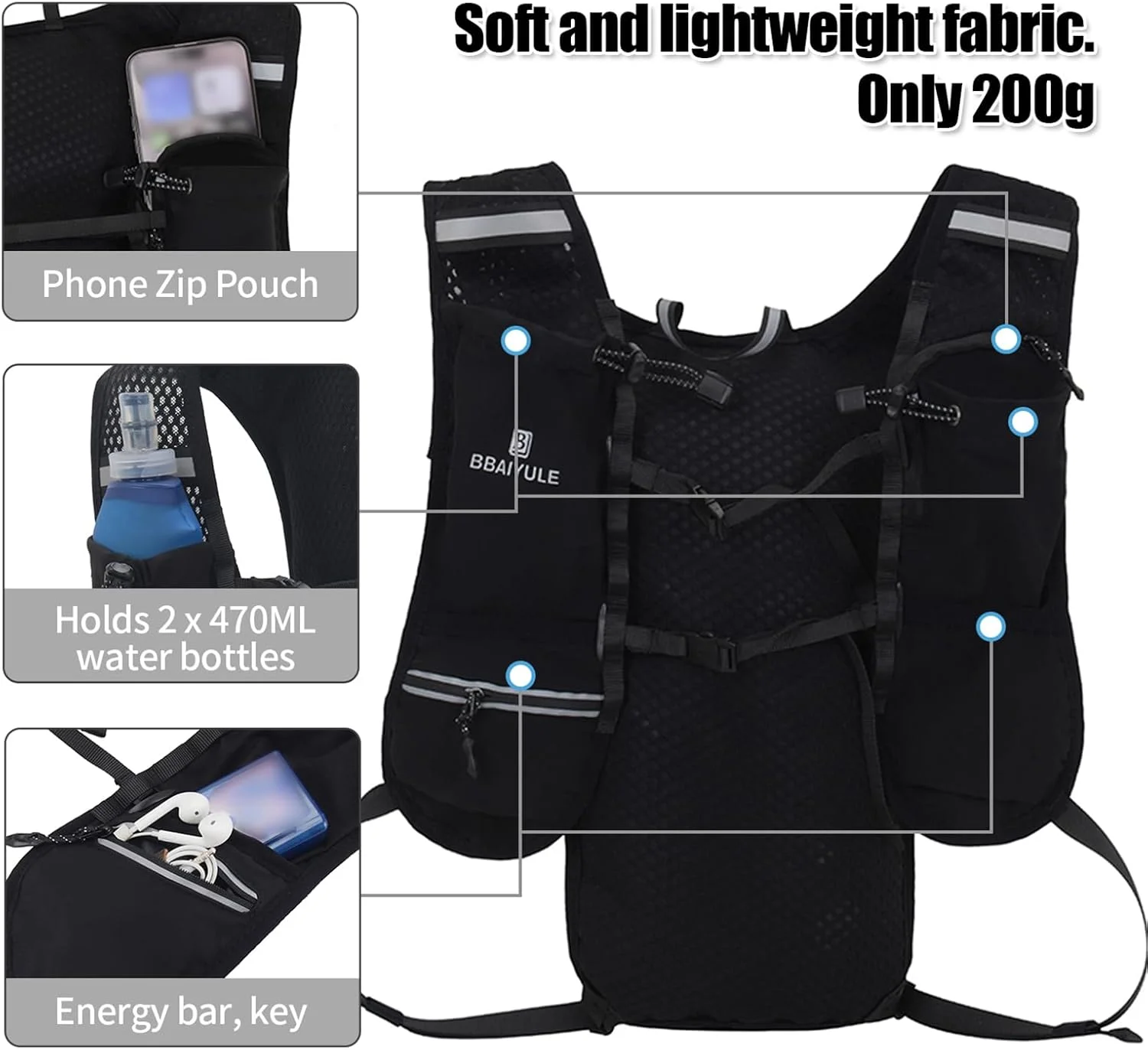 کوله پشتی سبک وزن مخصوص دویدن (فقط کوله پشتی بدون مخزن آب)، مناسب ورزش های فضای باز، دوی ماراتن، دویدن در طبیعت، پیاده روی، کوهنوردی، دوچرخه سواری، جلیقه بازتابنده آب برای زنان و مردان
