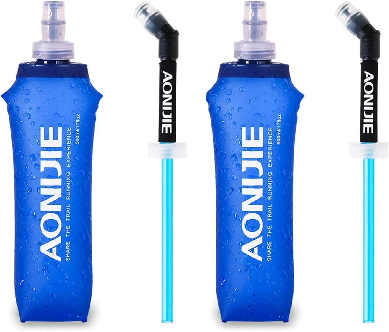 قمقمه تاشو نرم AONIJIE TPU، فلاسک تاشو برای کوله پشتی هیدراتاسیون مناسب دویدن، پیاده روی، دوچرخه سواری و کوهنوردی، بسته 2 عددی (500 میلی لیتر با نی - بسته 2 عددی)