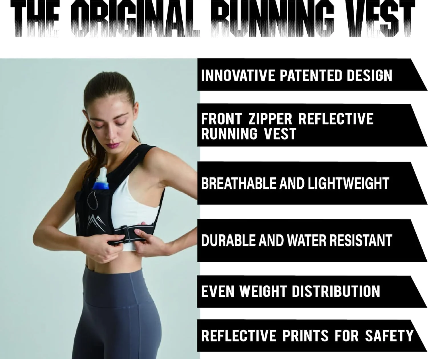 جلیقه نگهدارنده تلفن همراه مخصوص دویدن، جلیقه های بازتابنده جلوبسته زیپ دار اورجینال مخصوص دویدن به همراه بطری آب 500 میلی لیتری، 5 جیب برای کارت، کلید، حوله، کمربند قابل تنظیم و مواد تنفسی، مناسب آقایان و بانوان