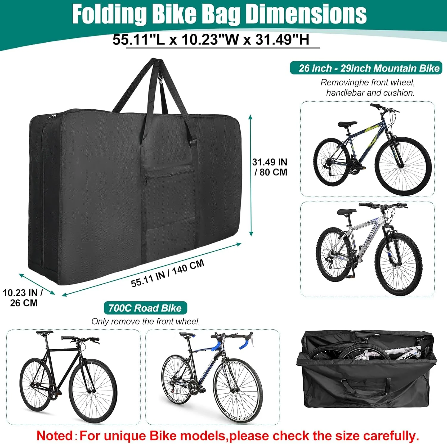 کیف حمل دوچرخه مناسب هواپیما برای دوچرخه کوهستانی 26 تا 29 اینچ، کیف جعبه ای دوچرخه MTB سنگین 840D با توری قوی برای سفرهای هوایی ضد آب، کیف نگهداری دوچرخه در فضای باز با کیف حمل