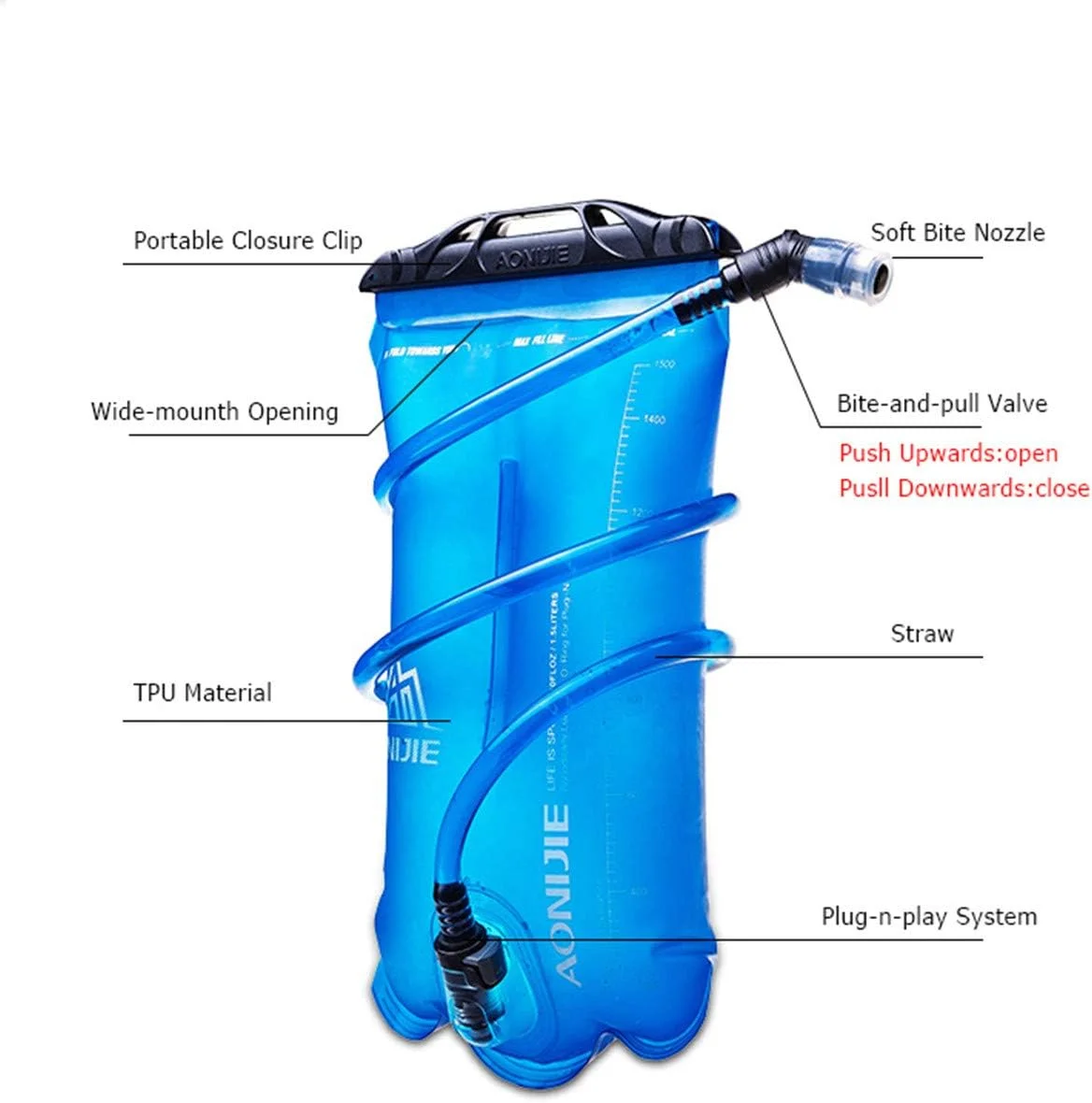 کیسه آب تاشو AONIJIE با حجم 1.5، 2 و 3 لیتر به همراه شلنگ و دهانی مناسب دویدن ماراتن و کوهنوردی (2 لیتر)
