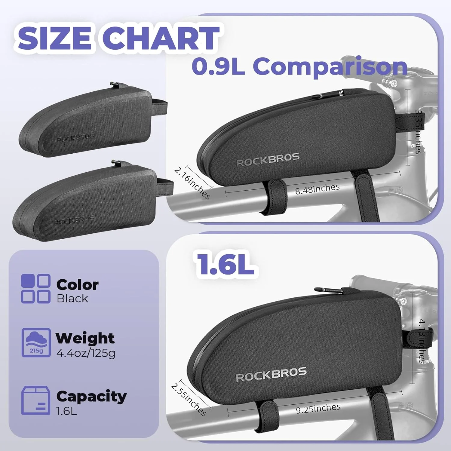 کیف لوله بالایی دوچرخه ROCKBROS - کیف ضد آب برای قاب جلویی دوچرخه های کوهستانی و جاده ای - بزرگ