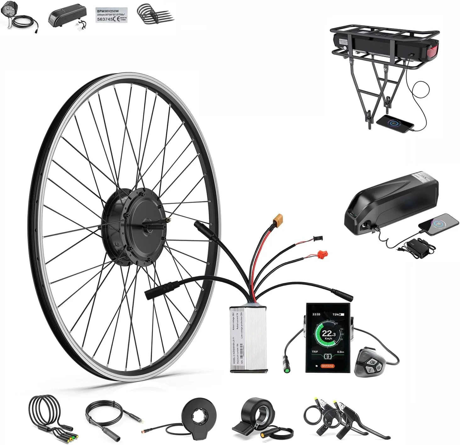 کیت تبدیل دوچرخه برقی با باتری - موتور هاب جلو بدون جاروبک 48V500W، کیت موتور برقی DIY با صفحه نمایش دیجیتال و PAS، 4 حالت سواری برای دوچرخه های کوهستانی، شهری و جاده ای 20/26/700C/28/29 اینچ