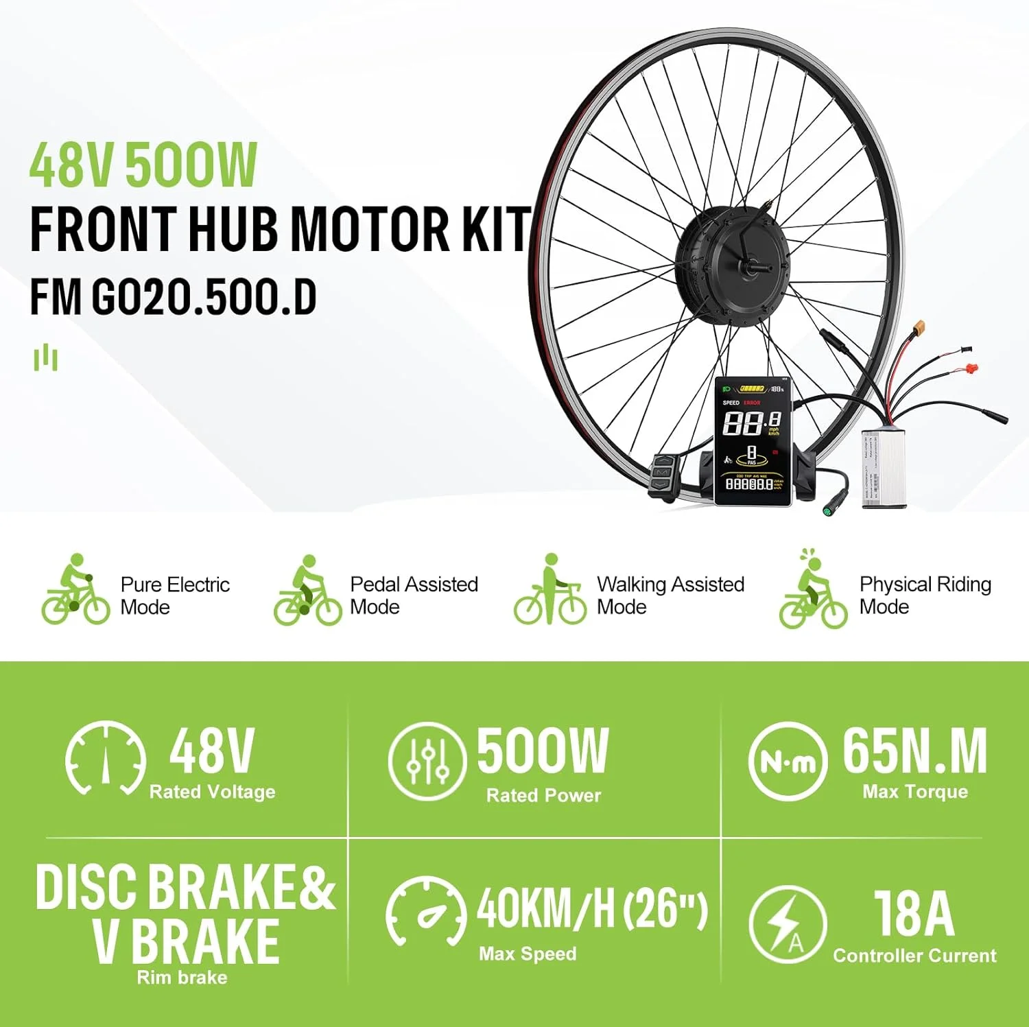 کیت تبدیل دوچرخه برقی با باتری - موتور هاب جلو بدون جاروبک 48V500W، کیت موتور برقی DIY با صفحه نمایش دیجیتال و PAS، 4 حالت سواری برای دوچرخه های کوهستانی، شهری و جاده ای 20/26/700C/28/29 اینچ