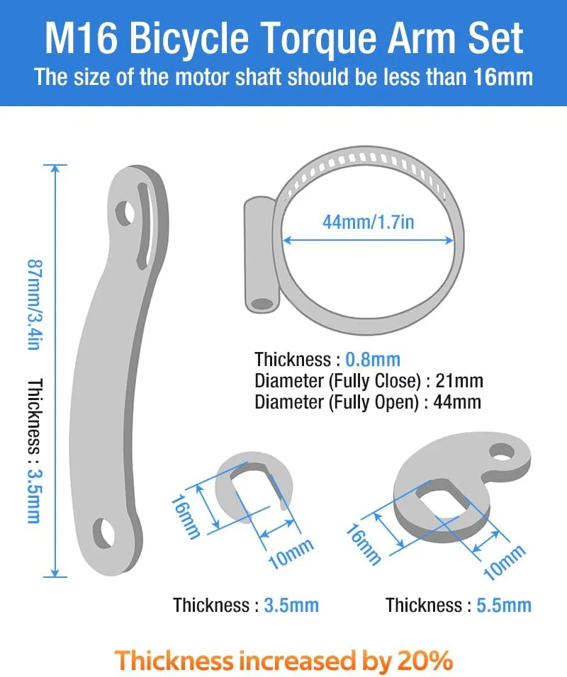 دو عدد کیت تبدیل بازوی گشتاور ضخیم شده برای دوچرخه برقی جلو یا عقب، برای شفت موتور 14 میلی متر / 16 میلی متر