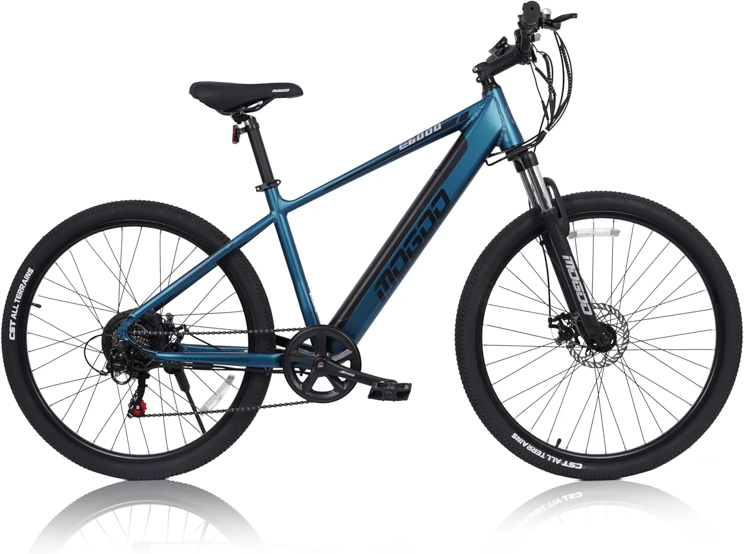 دوچرخه برقی Mogoo E6000 سایز 27.5 اینچ مناسب بزرگسالان، Shimano 7 سرعته، موتور 350 وات، باتری 36 ولت 10.4 آمپر ساعت، ترمز دیسکی، سبک وزن، دوچرخه کوهستانی با سیستم تعلیق، کمک پدال، سرعت 35 کیلومتر در ساعت، برد 80 کیلومتر، دوچرخه برقی بزرگسال