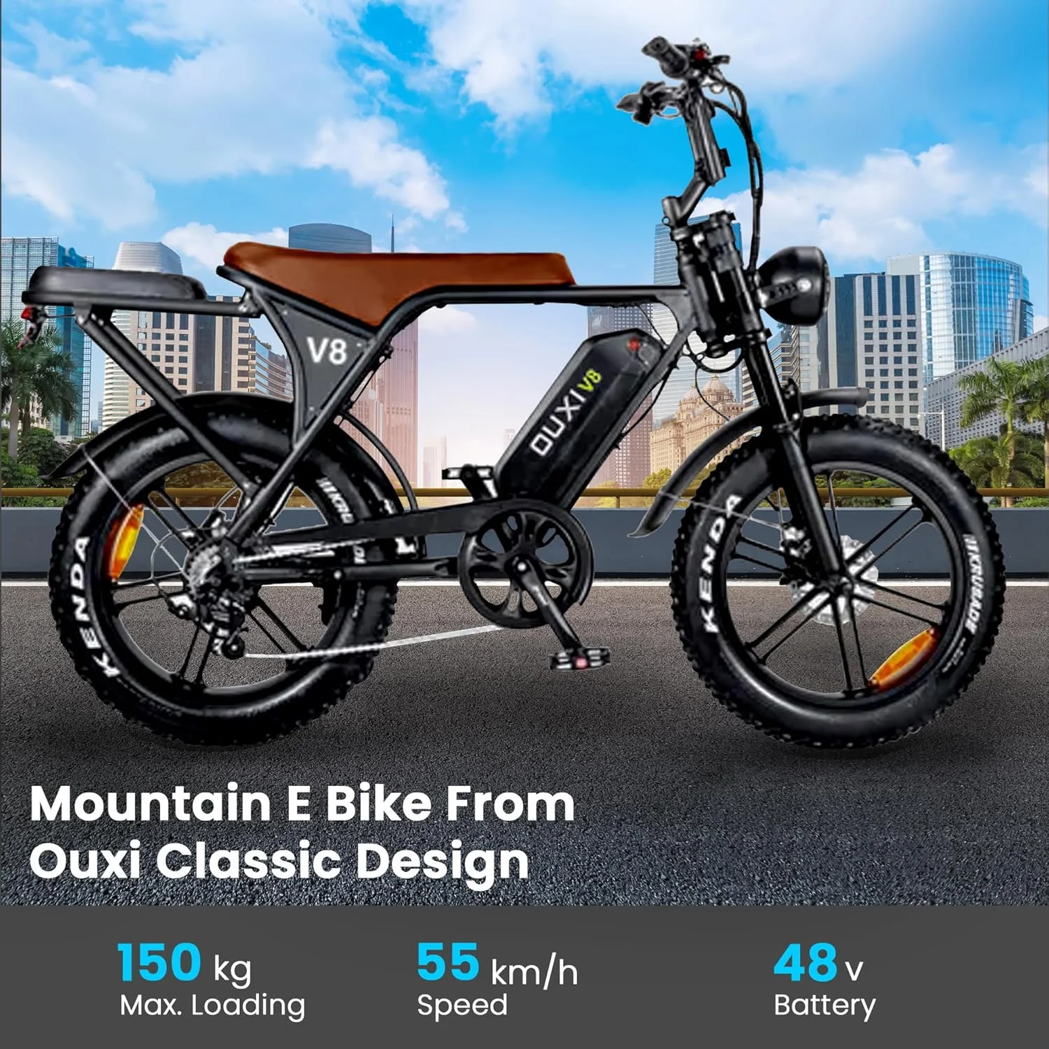 دوچرخه برقی کوهستانی اوکسی، باتری لیتیومی 48 ولت 15 آمپر ساعت، موتور قدرتمند 850-1000 وات، حداکثر سرعت 50 کیلومتر در ساعت، لاستیک های پهن، فریم آلومینیومی سبک وزن، مناسب برای ساحل و شن و ماسه، ترمزهای دیسکی هیدرولیک، ب