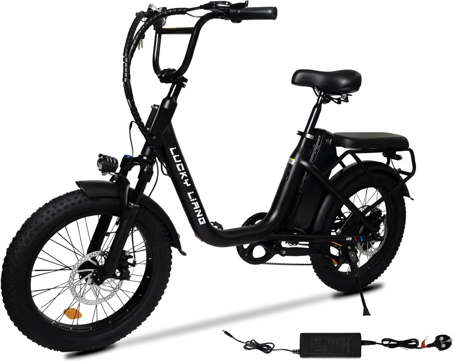 دوچرخه برقی U03 برای بزرگسالان، موتور براشلس 500 وات (750 وات حداکثر)، باتری 48 ولت 13 آمپر ساعت، حداکثر سرعت 45 کیلومتر در ساعت، برد 35-45 کیلومتر، لاستیک‌های پهن 20×3.0 اینچی مناسب مسیرهای ناهموار، فریم فولاد کربنی، ترمزهای دیسکی دوبل