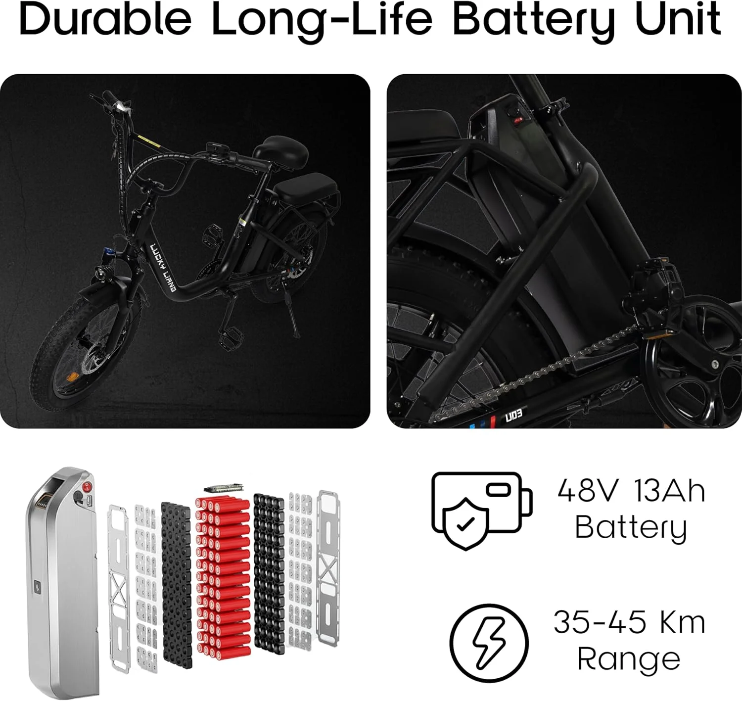 دوچرخه برقی U03 برای بزرگسالان، موتور براشلس 500 وات (750 وات حداکثر)، باتری 48 ولت 13 آمپر ساعت، حداکثر سرعت 45 کیلومتر در ساعت، برد 35-45 کیلومتر، لاستیک‌های پهن 20×3.0 اینچی مناسب مسیرهای ناهموار، فریم فولاد کربنی، ترمزهای دیسکی دوبل