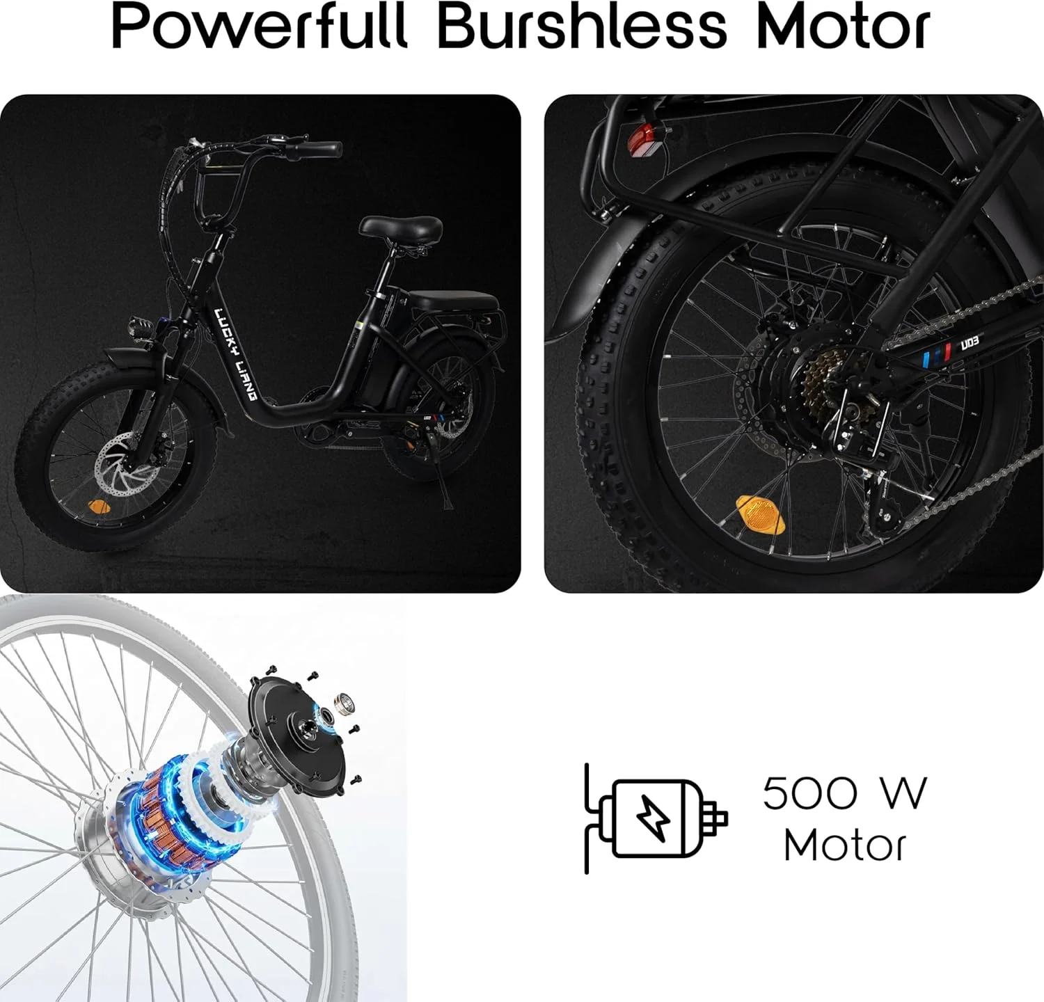 دوچرخه برقی U03 برای بزرگسالان، موتور براشلس 500 وات (750 وات حداکثر)، باتری 48 ولت 13 آمپر ساعت، حداکثر سرعت 45 کیلومتر در ساعت، برد 35-45 کیلومتر، لاستیک‌های پهن 20×3.0 اینچی مناسب مسیرهای ناهموار، فریم فولاد کربنی، ترمزهای دیسکی دوبل