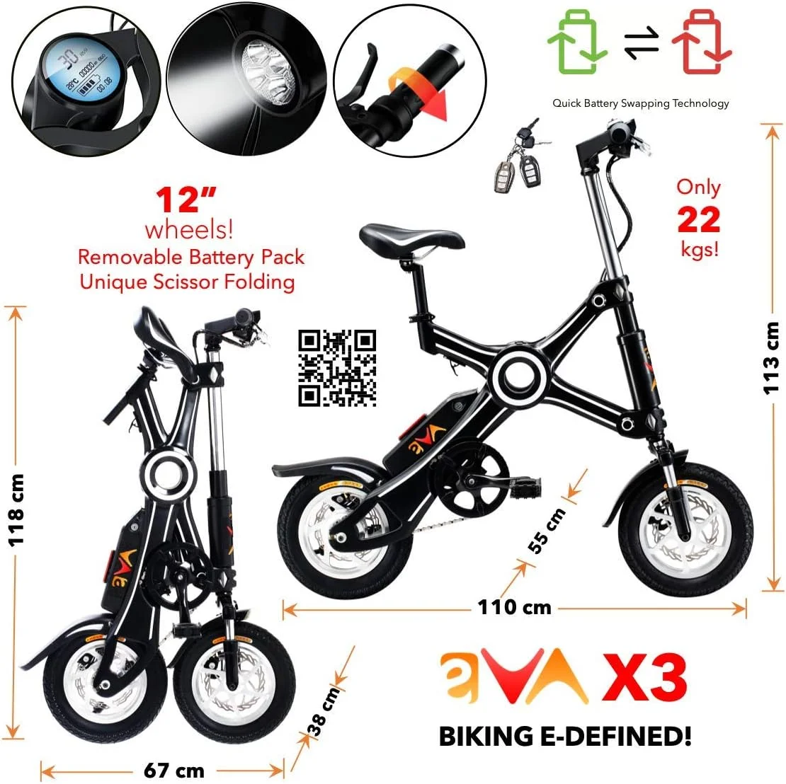دوچرخه برقی تاشو قیچی ای وی ای X3 | چرخ های 12 اینچی | سرعت 30 کیلومتر در ساعت | بسته باتری لیتیوم یونی 36 ولت جداشدنی ژاپنی | سیستم کمکی پدال (PAS) | کنترل از راه دور | شتاب و عملکرد فوق العاده