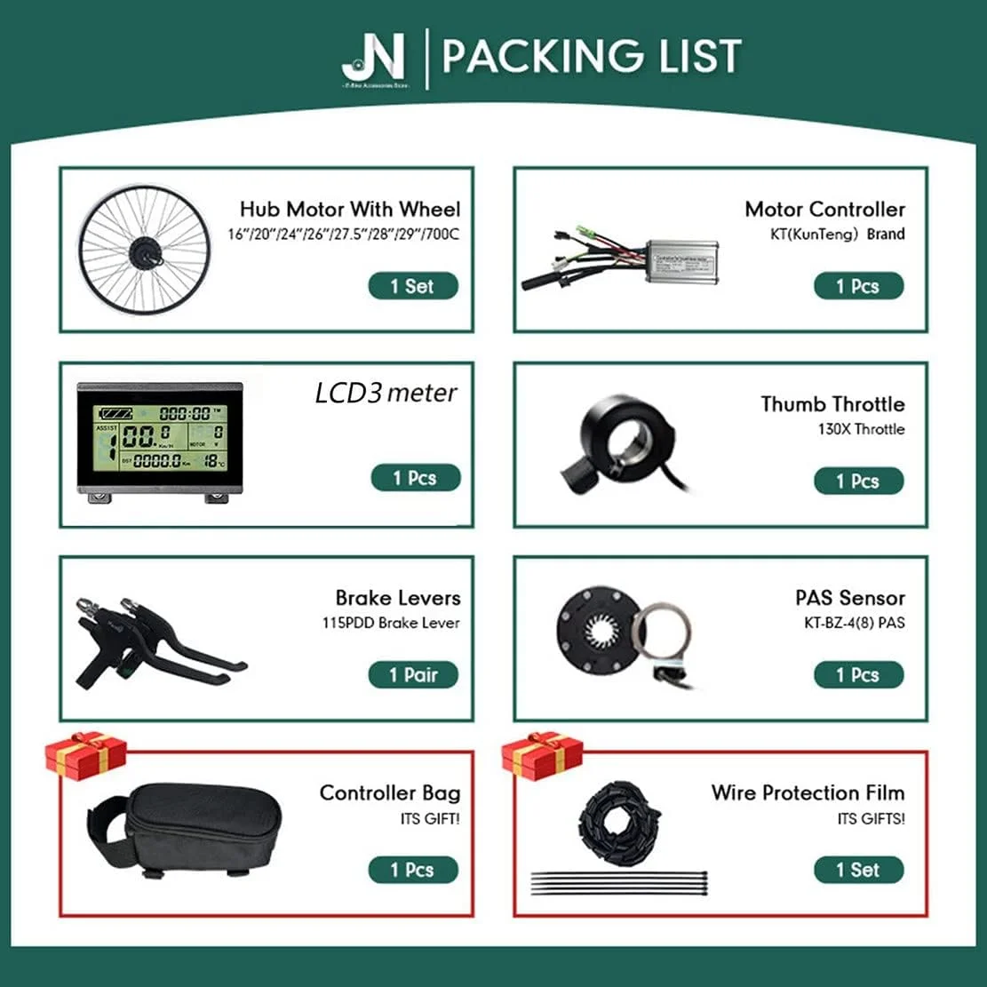 کیت دوچرخه برقی 20" 24" 26" 27.5" 28" 29" 700C چرخ موتور عقب کاست، موتور هاب بدون جاروبک و بدون دنده، کیت دوچرخه سواری دوچرخه برقی با کنترلر دو حالته