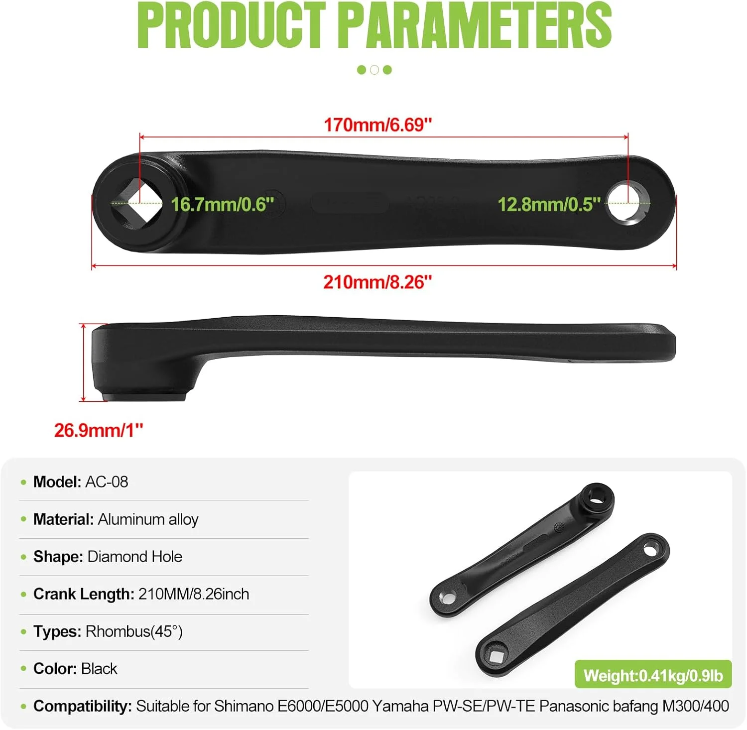 بازوی میل لنگ 170 میلی متری برای دوچرخه برقی، سوراخ الماسی، لوازم جانبی موتور میانی، قطعات ضروری موتور میانی BBS01 BBS02 BBSHD، قطعه دوچرخه برقی، ساق میل لنگ