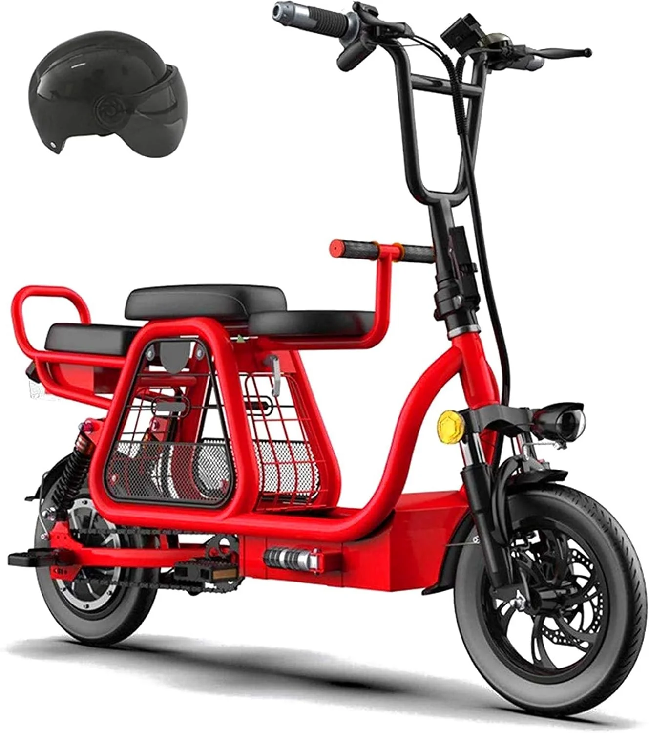 اسکوتر برقی سه سرنشینه برای بزرگسالان، دوچرخه برقی تاشو 12 اینچی با صندلی کودک و سبد خرید، دوچرخه برقی با لاستیک و نمایشگر LCD برای خرید منزل