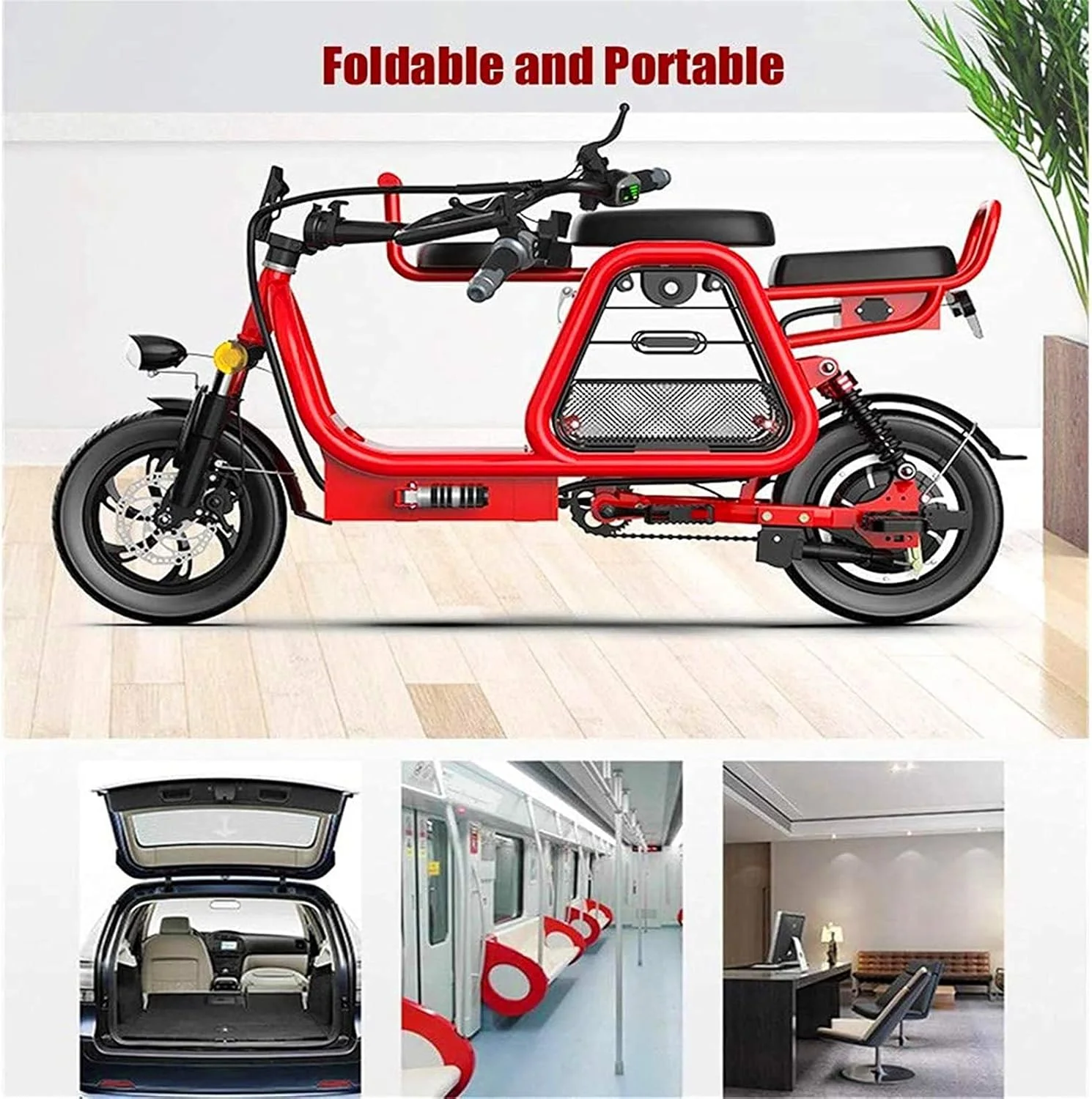 اسکوتر برقی سه سرنشینه برای بزرگسالان، دوچرخه برقی تاشو 12 اینچی با صندلی کودک و سبد خرید، دوچرخه برقی با لاستیک و نمایشگر LCD برای خرید منزل