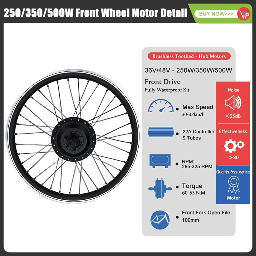 کیت موتور برقی دوچرخه 36V/48V - 250W/350W/500W، کیت تبدیل دوچرخه برقی چرخ جلو، کنترلر دو حالته (32 کیلومتر در ساعت)، 48V/250W-28"