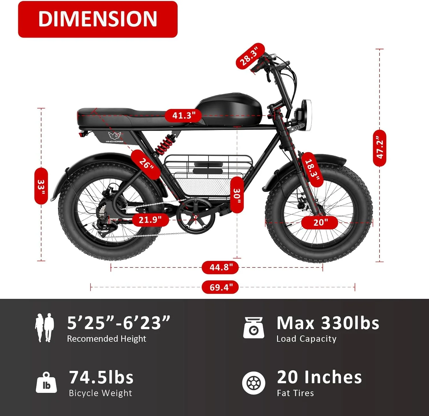 دوچرخه برقی هوشمند بزرگسال WINDHORSE با موتور پیک 1500 وات، برد 112 کیلومتر و سرعت 32 کیلومتر در ساعت، دوچرخه ساحلی با لاستیک‌های پهن 20 اینچی، ترمز هیدرولیک و قطع کننده برق موتور، مدل D5