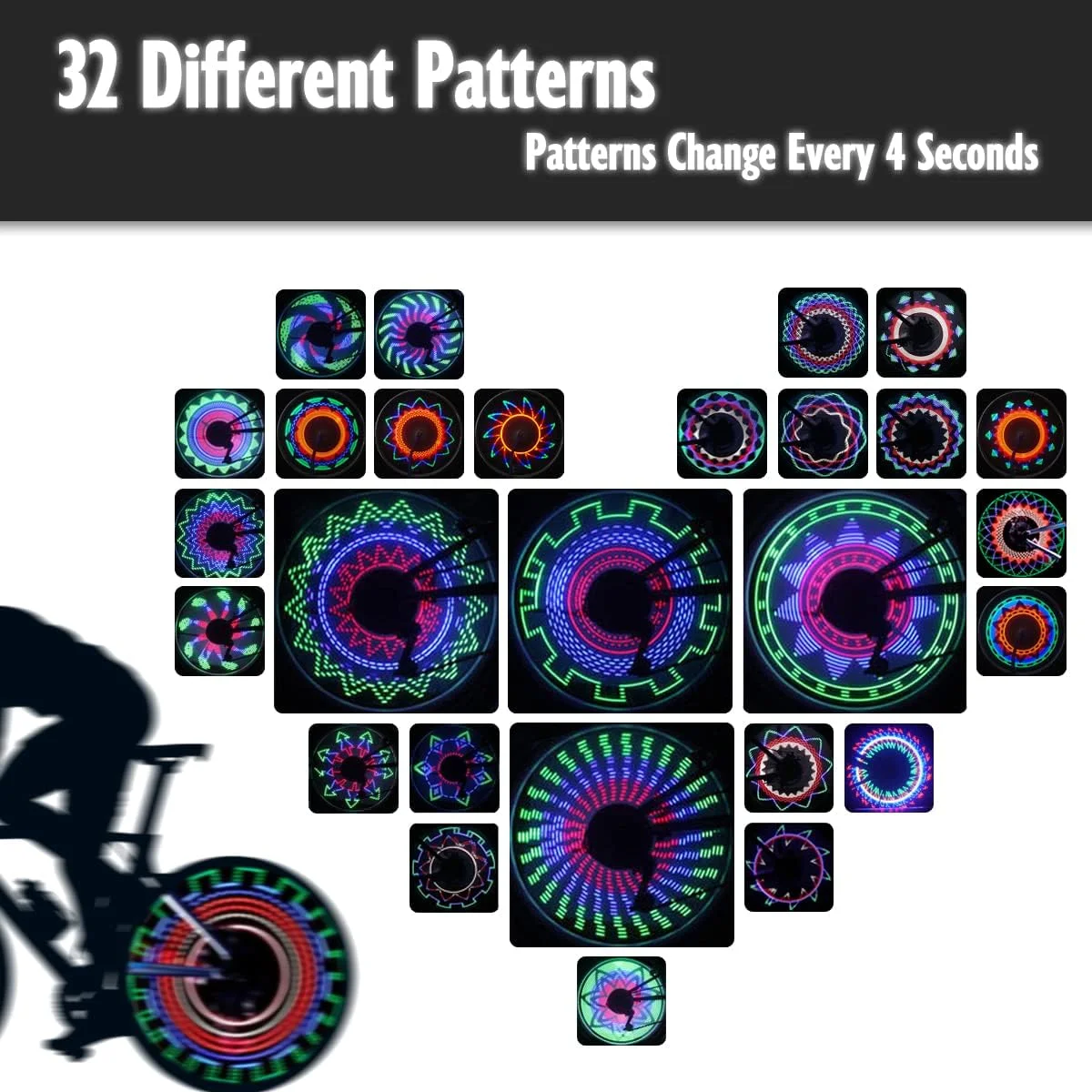 چراغ چرخ دوچرخه، چراغ LED ضد آب پره دوچرخه با 32 LED و 32 طرح مختلف برای دوچرخه کوهستان/دوچرخه جاده/دوچرخه BMX/دوچرخه هیبریدی/دوچرخه تاشو (2 عدد)